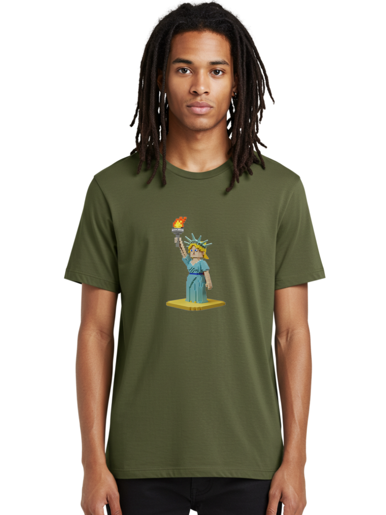 Statue-Of-Liberty Men'S Graphic Tee, 100% Cotton, Comfortable Casual Summer Wear, Machine Washable, Statue Of Liberty, Liberty Statue, Lady Liberty, Iconic Landmark, Freedom Symbol, American Icon, New York Harbor, Torch Held High, Pixel Art, Bad712