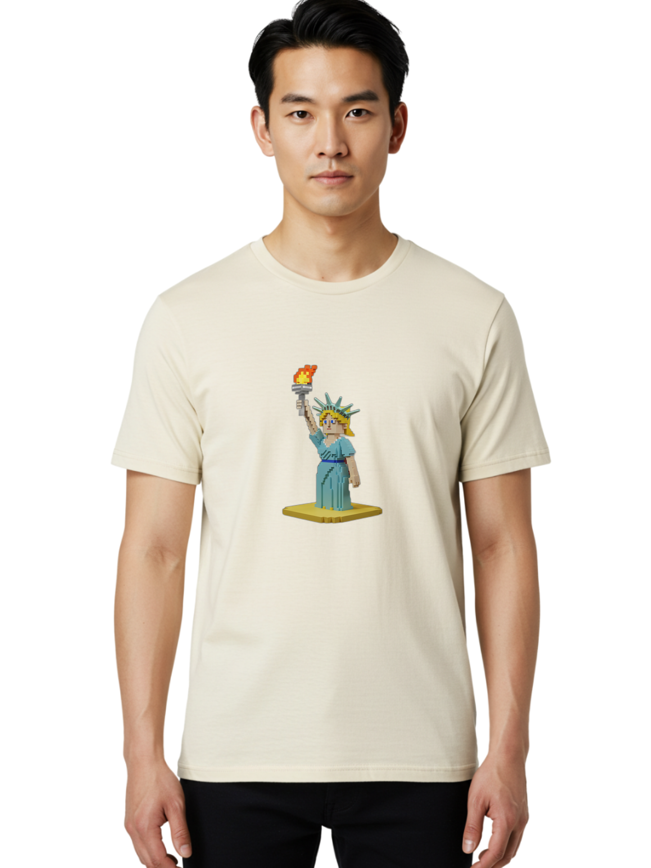 Statue-Of-Liberty Men'S Graphic Tee, 100% Cotton, Comfortable Casual Summer Wear, Machine Washable, Statue Of Liberty, Liberty Statue, Lady Liberty, Iconic Landmark, Freedom Symbol, American Icon, New York Harbor, Torch Held High, Pixel Art, Bad712