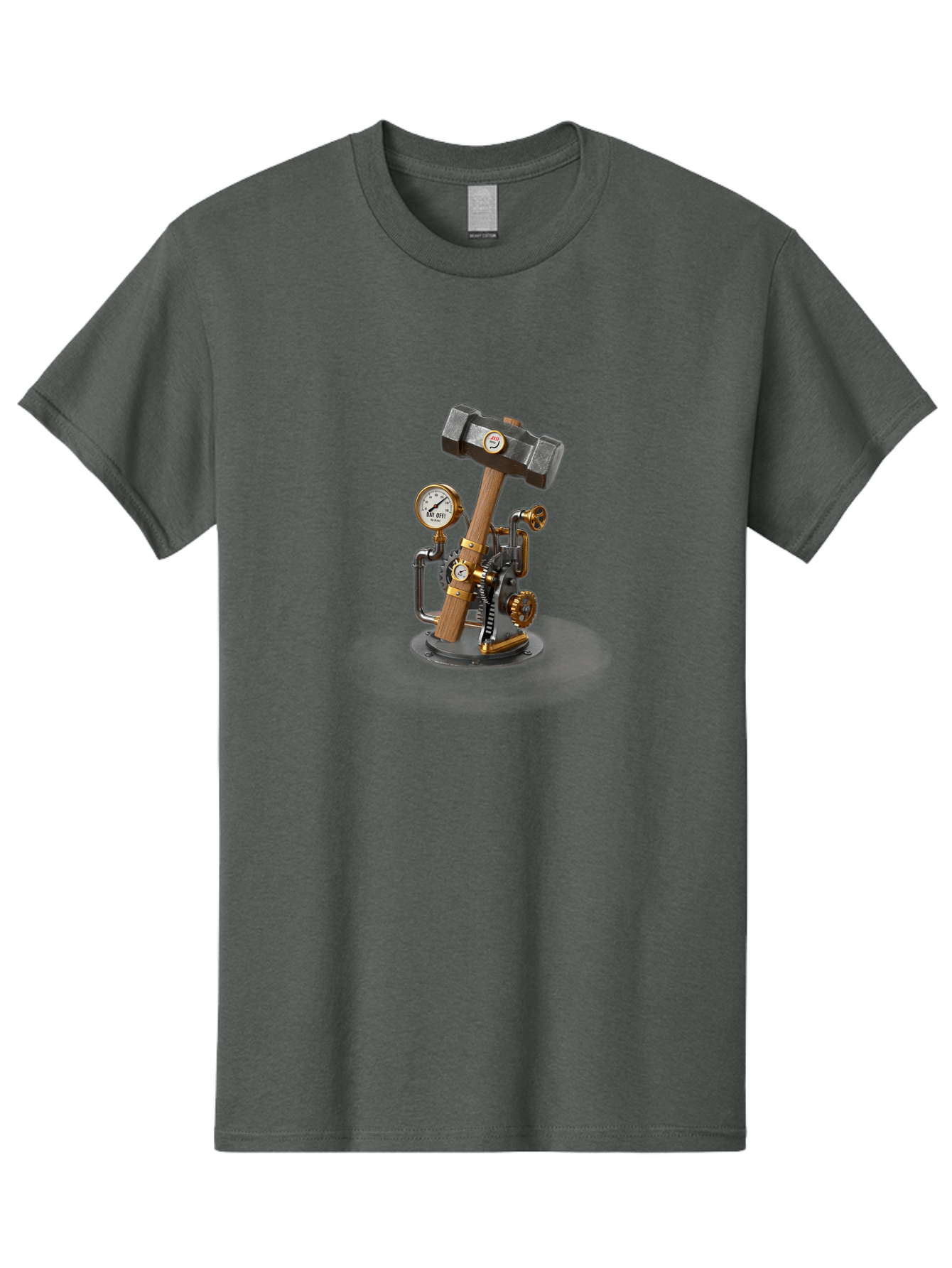 Steampunk-Device-With-Hammer Men'S Graphic Tee, 100% Cotton, Comfortable Casual Summer Wear, Machine Washable, Steampunk, Industrial Design, Mechanical Art, Clockwork Mechanism, Hammers, Pressure Gauge, Metallic Details, Vintage Machinery Bad713