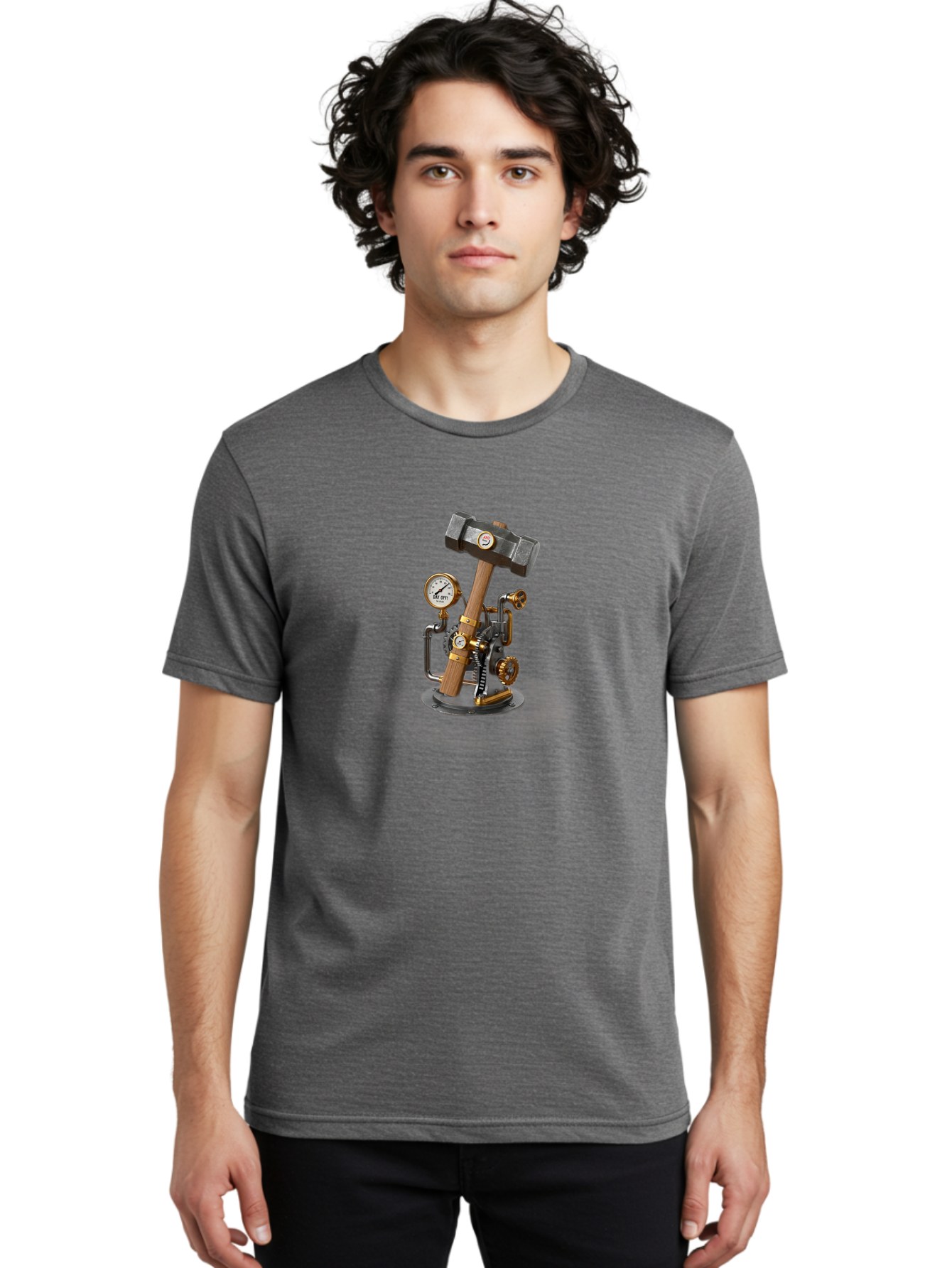 Steampunk-Device-With-Hammer Men'S Graphic Tee, 100% Cotton, Comfortable Casual Summer Wear, Machine Washable, Steampunk, Industrial Design, Mechanical Art, Clockwork Mechanism, Hammers, Pressure Gauge, Metallic Details, Vintage Machinery Bad713