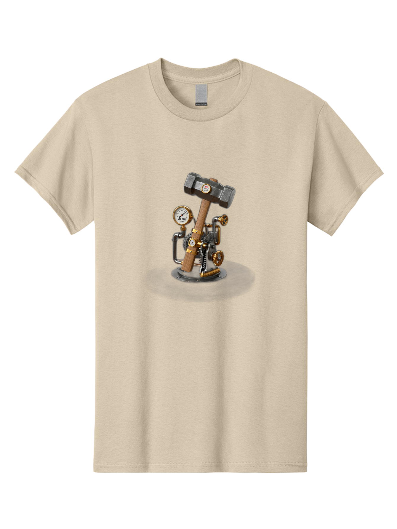 Steampunk-Device-With-Hammer Men'S Graphic Tee, 100% Cotton, Comfortable Casual Summer Wear, Machine Washable, Steampunk, Industrial Design, Mechanical Art, Clockwork Mechanism, Hammers, Pressure Gauge, Metallic Details, Vintage Machinery Bad713