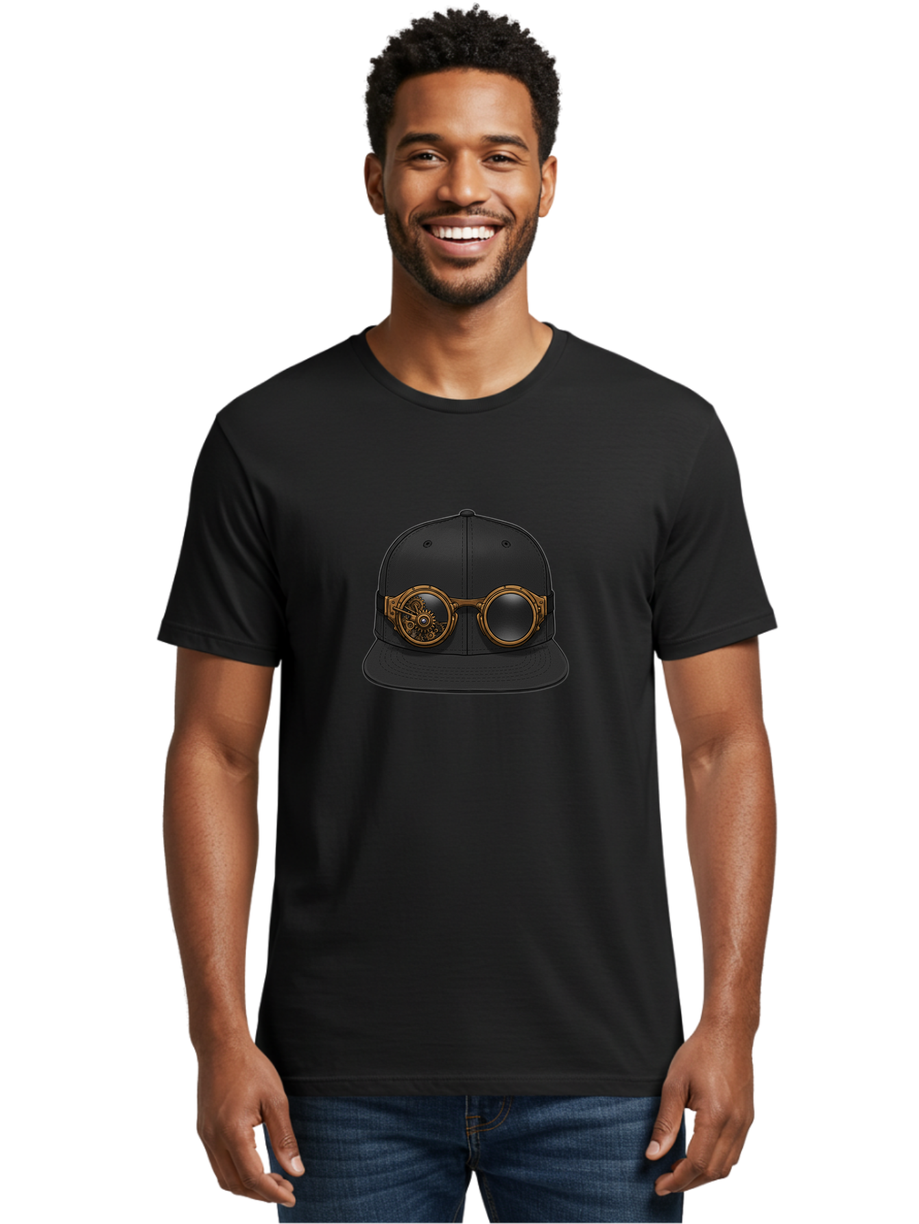 Steampunk-Goggles-Cap Men'S Graphic Tee, 100% Cotton, Comfortable Casual Summer Wear, Machine Washable, Steampunk Goggles On Cap, Steampunk Fashion, Goggles Accessory, Black Baseball Cap, Steampunk Style, Vintage Eyewear, Bad714