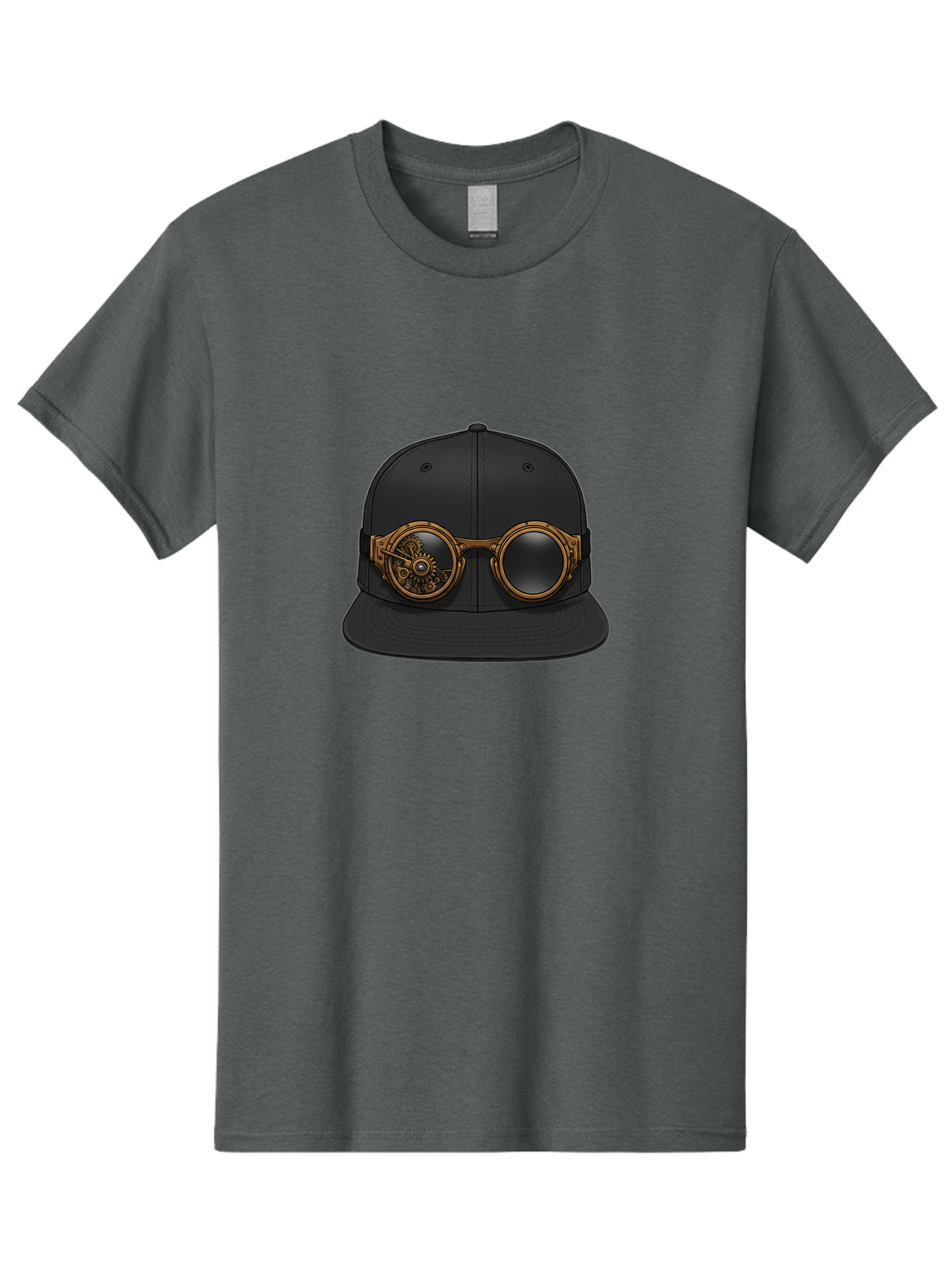 Steampunk-Goggles-Cap Men'S Graphic Tee, 100% Cotton, Comfortable Casual Summer Wear, Machine Washable, Steampunk Goggles On Cap, Steampunk Fashion, Goggles Accessory, Black Baseball Cap, Steampunk Style, Vintage Eyewear, Bad714