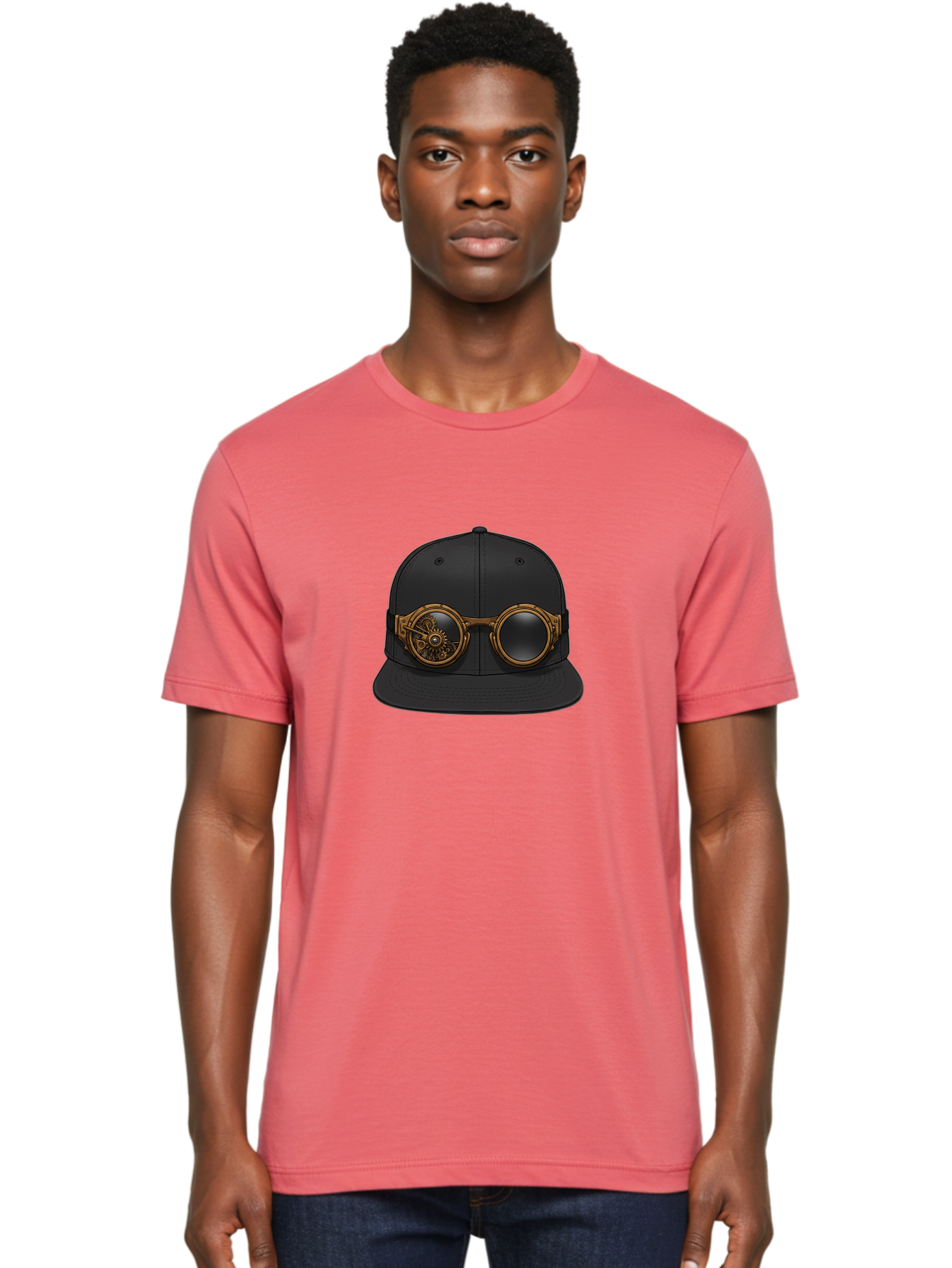 Steampunk-Goggles-Cap Men'S Graphic Tee, 100% Cotton, Comfortable Casual Summer Wear, Machine Washable, Steampunk Goggles On Cap, Steampunk Fashion, Goggles Accessory, Black Baseball Cap, Steampunk Style, Vintage Eyewear, Bad714