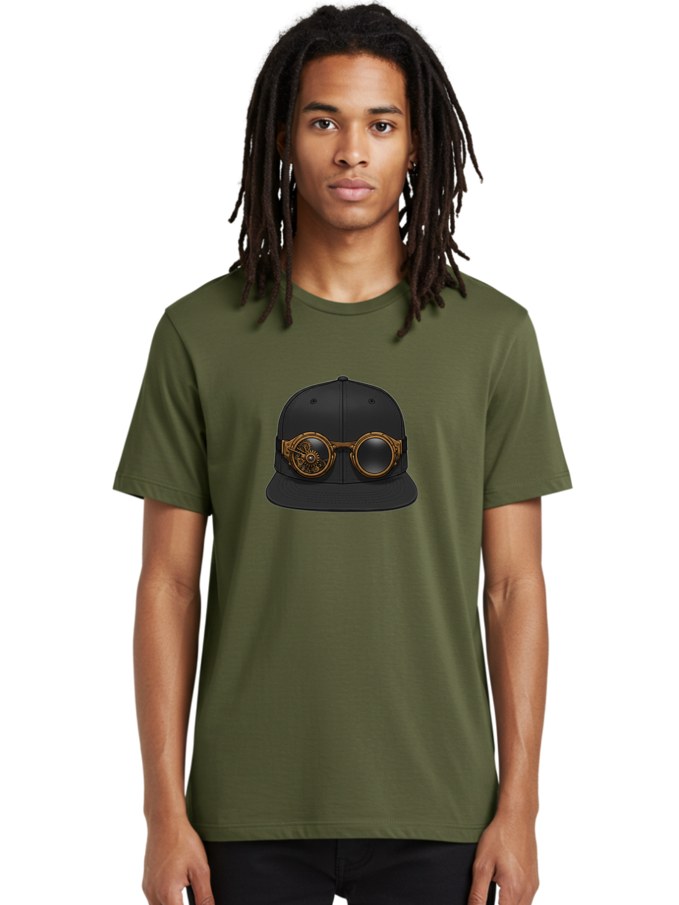 Steampunk-Goggles-Cap Men'S Graphic Tee, 100% Cotton, Comfortable Casual Summer Wear, Machine Washable, Steampunk Goggles On Cap, Steampunk Fashion, Goggles Accessory, Black Baseball Cap, Steampunk Style, Vintage Eyewear, Bad714