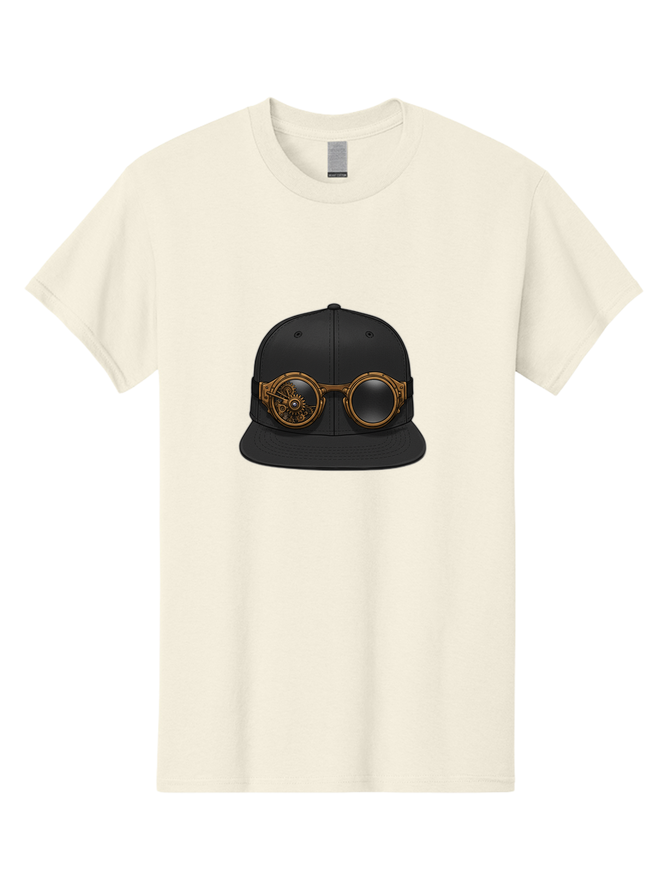 Steampunk-Goggles-Cap Men'S Graphic Tee, 100% Cotton, Comfortable Casual Summer Wear, Machine Washable, Steampunk Goggles On Cap, Steampunk Fashion, Goggles Accessory, Black Baseball Cap, Steampunk Style, Vintage Eyewear, Bad714