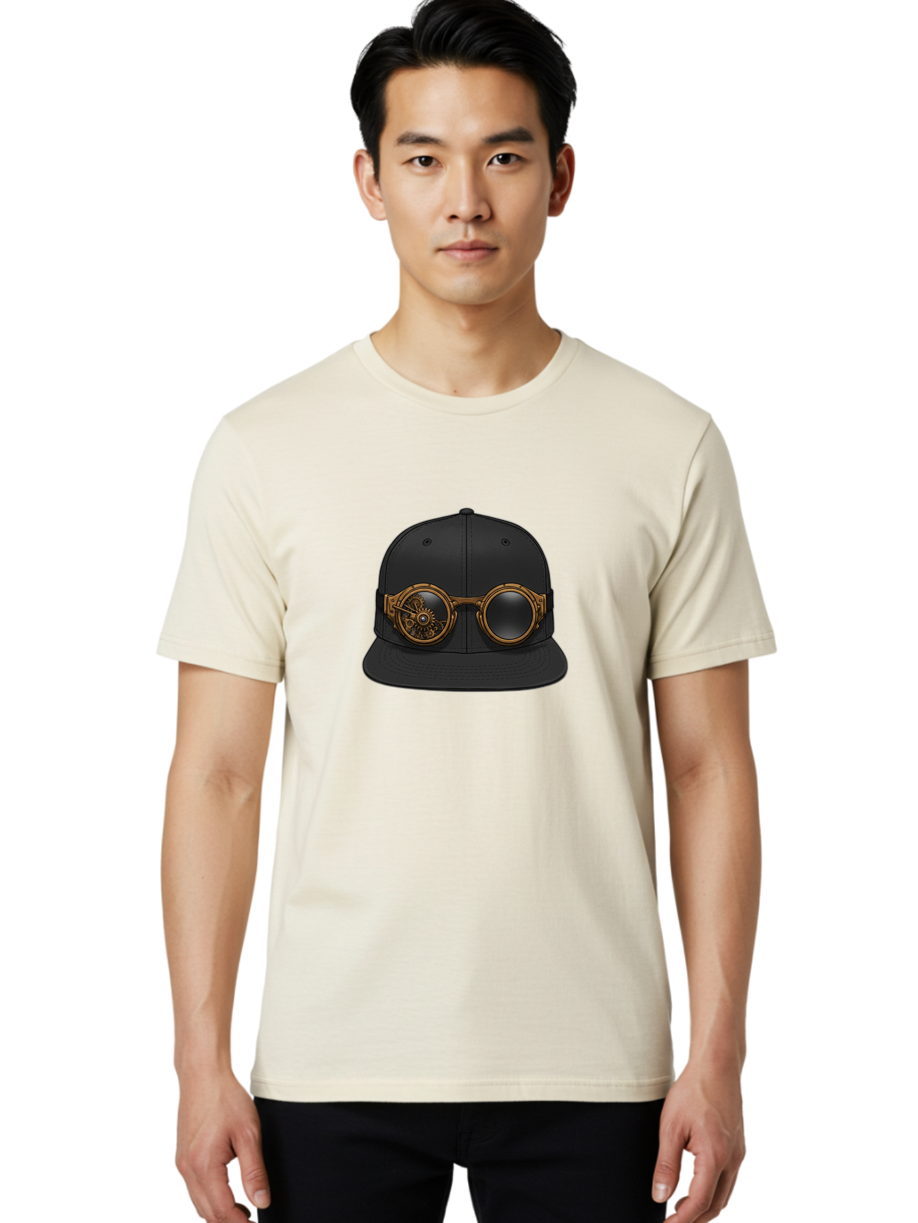 Steampunk-Goggles-Cap Men'S Graphic Tee, 100% Cotton, Comfortable Casual Summer Wear, Machine Washable, Steampunk Goggles On Cap, Steampunk Fashion, Goggles Accessory, Black Baseball Cap, Steampunk Style, Vintage Eyewear, Bad714