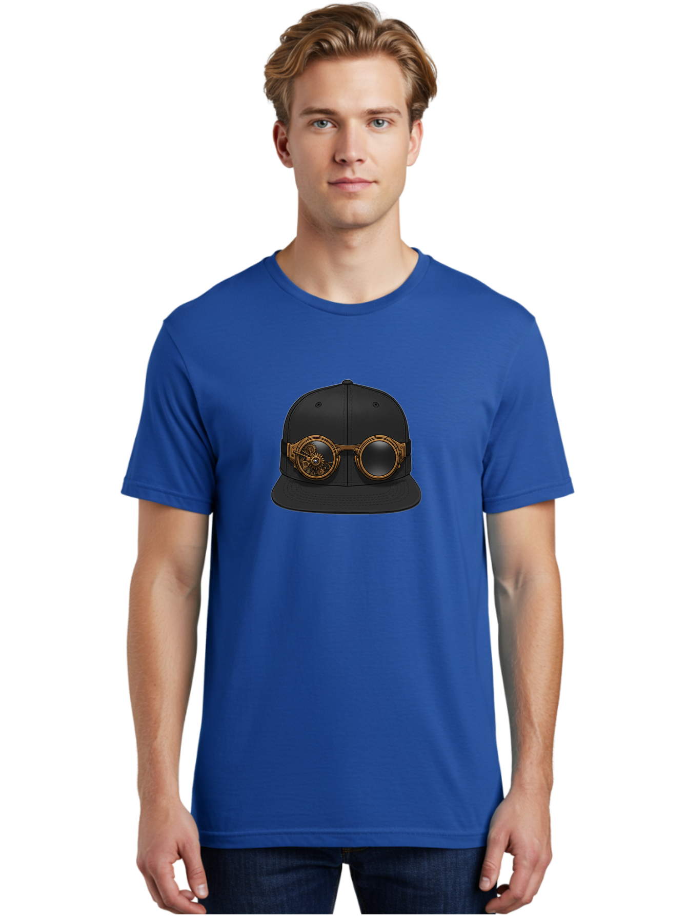 Steampunk-Goggles-Cap Men'S Graphic Tee, 100% Cotton, Comfortable Casual Summer Wear, Machine Washable, Steampunk Goggles On Cap, Steampunk Fashion, Goggles Accessory, Black Baseball Cap, Steampunk Style, Vintage Eyewear, Bad714