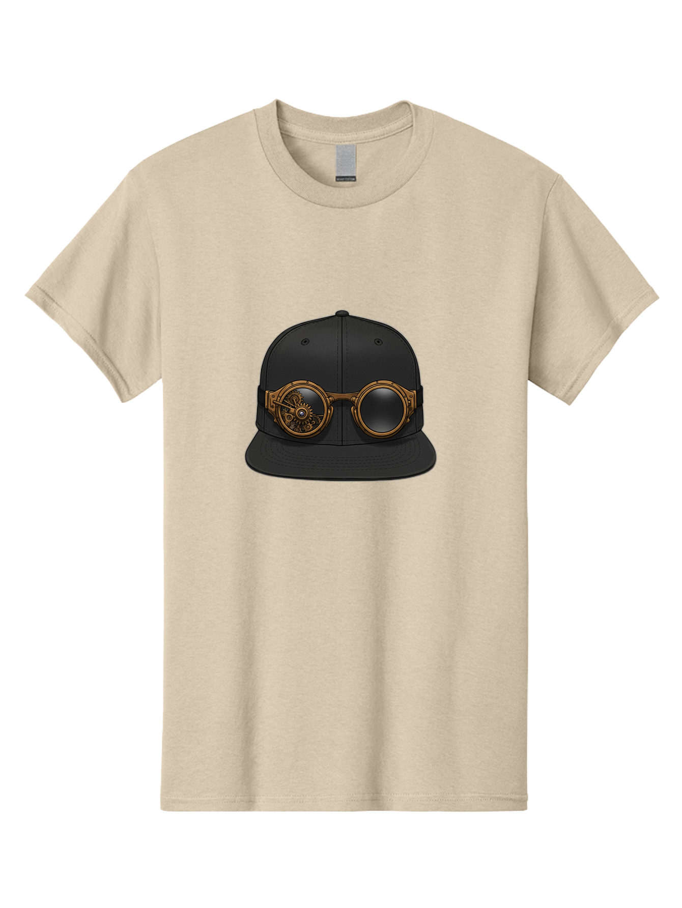Steampunk-Goggles-Cap Men'S Graphic Tee, 100% Cotton, Comfortable Casual Summer Wear, Machine Washable, Steampunk Goggles On Cap, Steampunk Fashion, Goggles Accessory, Black Baseball Cap, Steampunk Style, Vintage Eyewear, Bad714