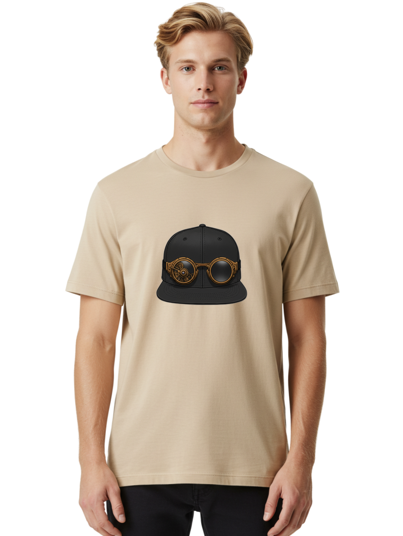 Steampunk-Goggles-Cap Men'S Graphic Tee, 100% Cotton, Comfortable Casual Summer Wear, Machine Washable, Steampunk Goggles On Cap, Steampunk Fashion, Goggles Accessory, Black Baseball Cap, Steampunk Style, Vintage Eyewear, Bad714