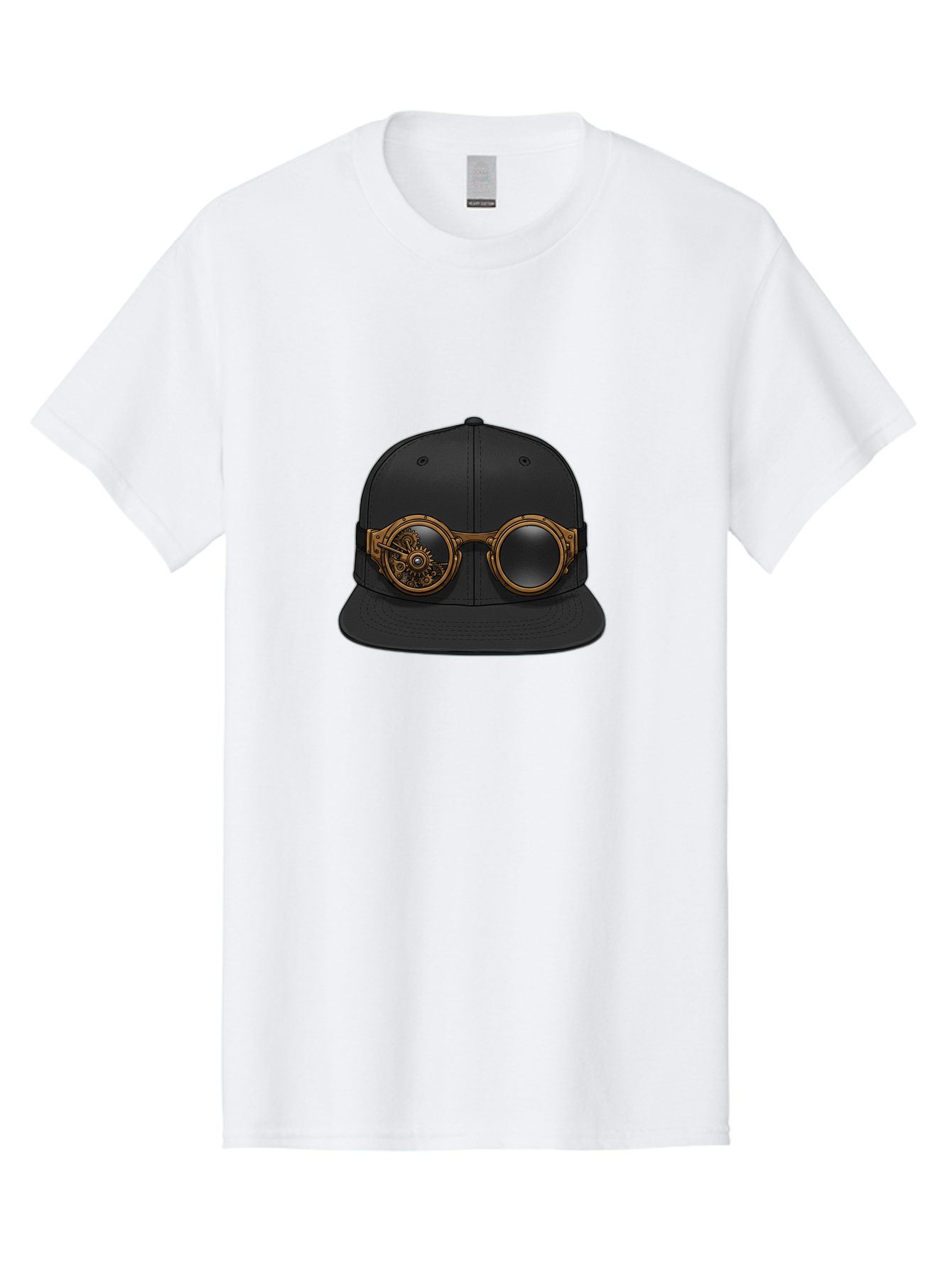 Steampunk-Goggles-Cap Men'S Graphic Tee, 100% Cotton, Comfortable Casual Summer Wear, Machine Washable, Steampunk Goggles On Cap, Steampunk Fashion, Goggles Accessory, Black Baseball Cap, Steampunk Style, Vintage Eyewear, Bad714