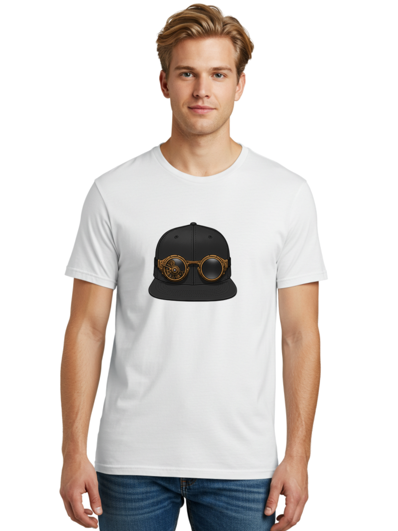 Steampunk-Goggles-Cap Men'S Graphic Tee, 100% Cotton, Comfortable Casual Summer Wear, Machine Washable, Steampunk Goggles On Cap, Steampunk Fashion, Goggles Accessory, Black Baseball Cap, Steampunk Style, Vintage Eyewear, Bad714