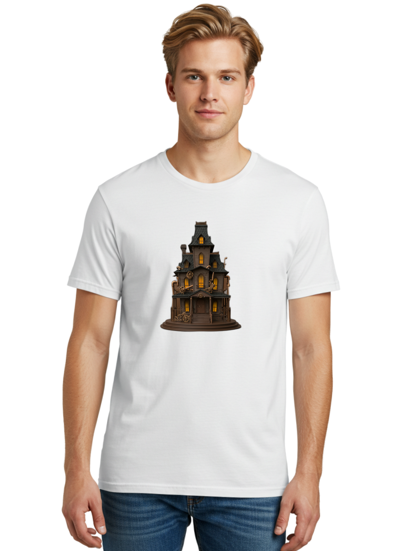 Steampunk-House Men'S Graphic Tee, 100% Cotton, Comfortable Casual Summer Wear, Machine Washable, Steampunk House, Victorian Architecture, Intricate Details, Gothic Style, Industrial Elements, Copper Accents, Mysterious Ambiance, Bad715