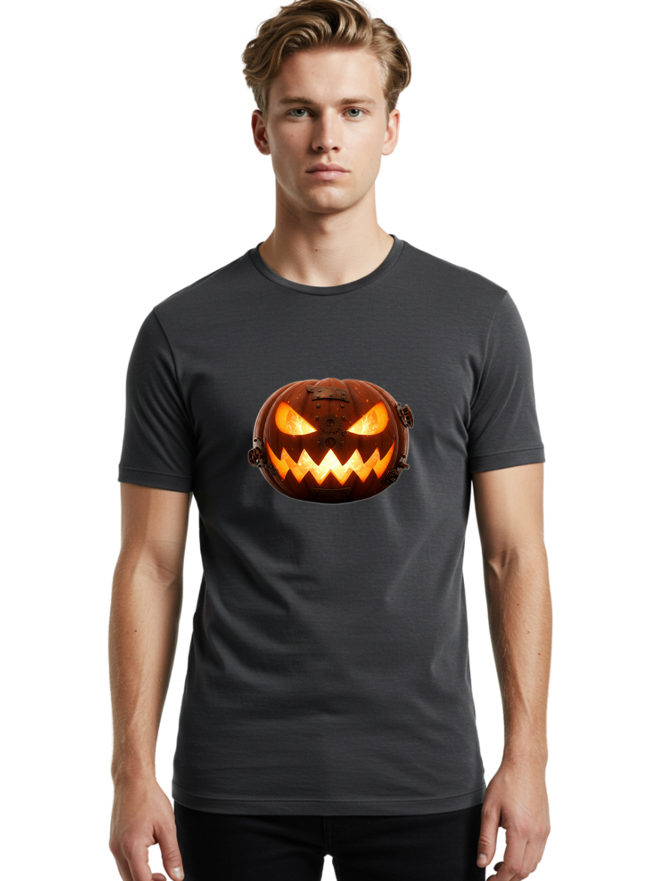 Steampunk-Jack-O-Lantern Men'S Graphic Tee, 100% Cotton, Comfortable Casual Summer Wear, Machine Washable, Halloween Pumpkin, Steampunk Design, Carved Jack-O-Lantern, Glowing Eyes, Metal Accents, Creepy Smile, Orange Glow, Spooky Decor, Bad716