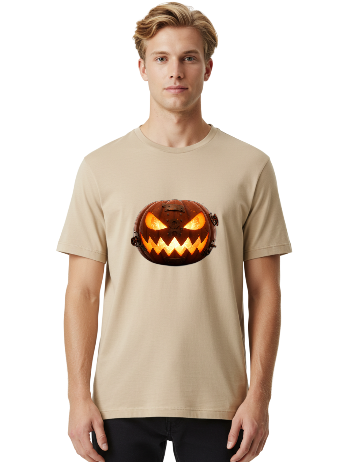 Steampunk-Jack-O-Lantern Men'S Graphic Tee, 100% Cotton, Comfortable Casual Summer Wear, Machine Washable, Halloween Pumpkin, Steampunk Design, Carved Jack-O-Lantern, Glowing Eyes, Metal Accents, Creepy Smile, Orange Glow, Spooky Decor, Bad716