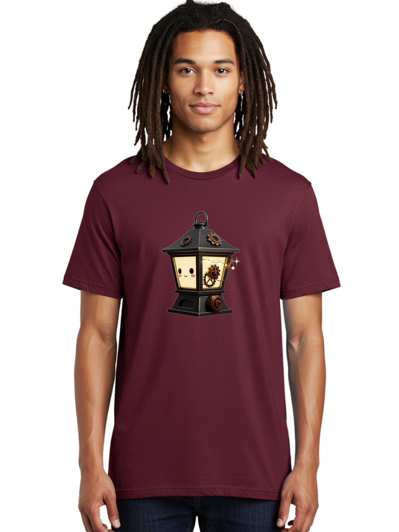 Steampunk-Lantern Men'S Graphic Tee, 100% Cotton, Comfortable Casual Summer Wear, Machine Washable, Steampunk Lantern, Intricate Gears, Whimsical Design, Steampunk Art, Fantasy Lighting, Unique Decor, Imaginative Creation, Mechanical Elements, Bad717