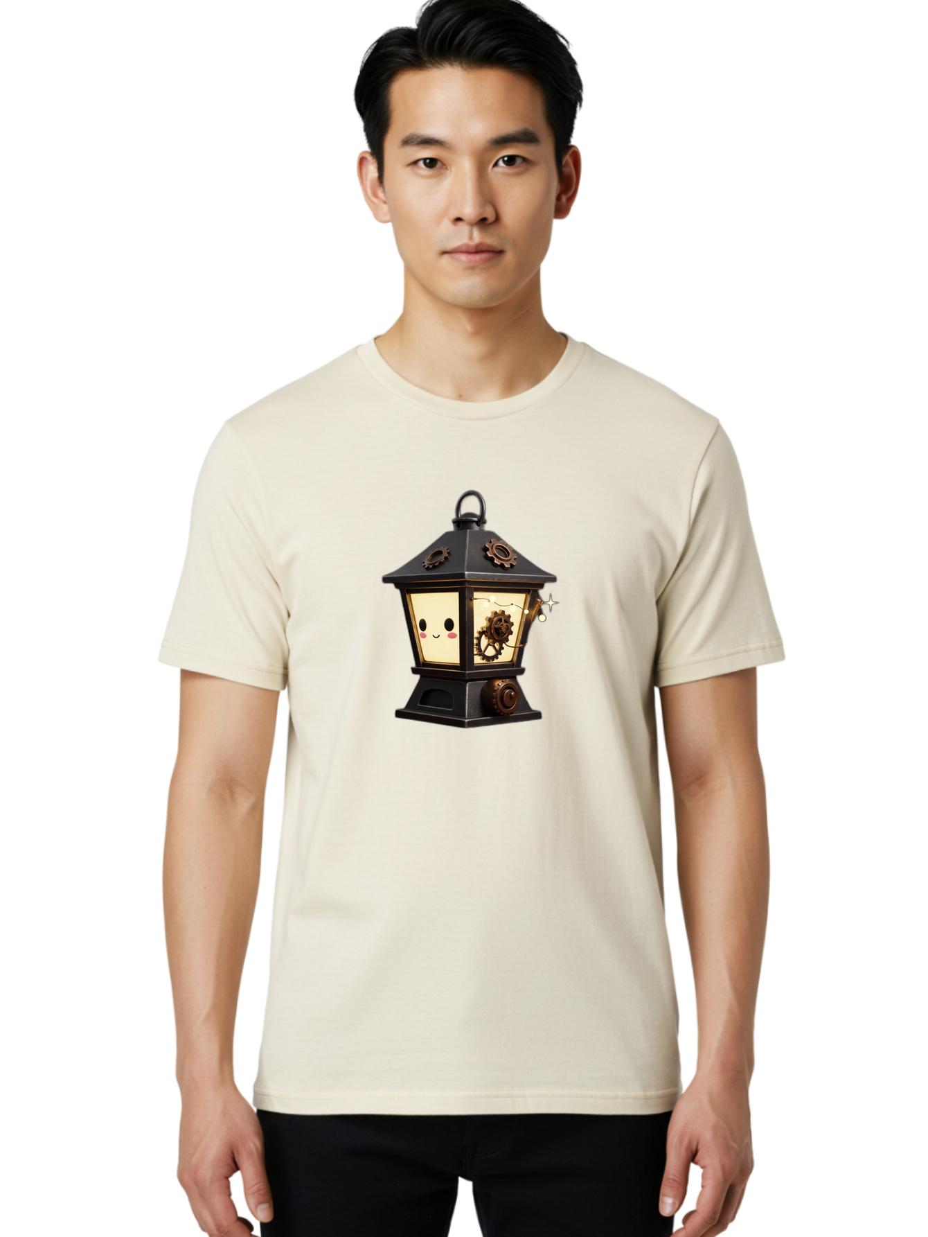 Steampunk-Lantern Men'S Graphic Tee, 100% Cotton, Comfortable Casual Summer Wear, Machine Washable, Steampunk Lantern, Intricate Gears, Whimsical Design, Steampunk Art, Fantasy Lighting, Unique Decor, Imaginative Creation, Mechanical Elements, Bad717