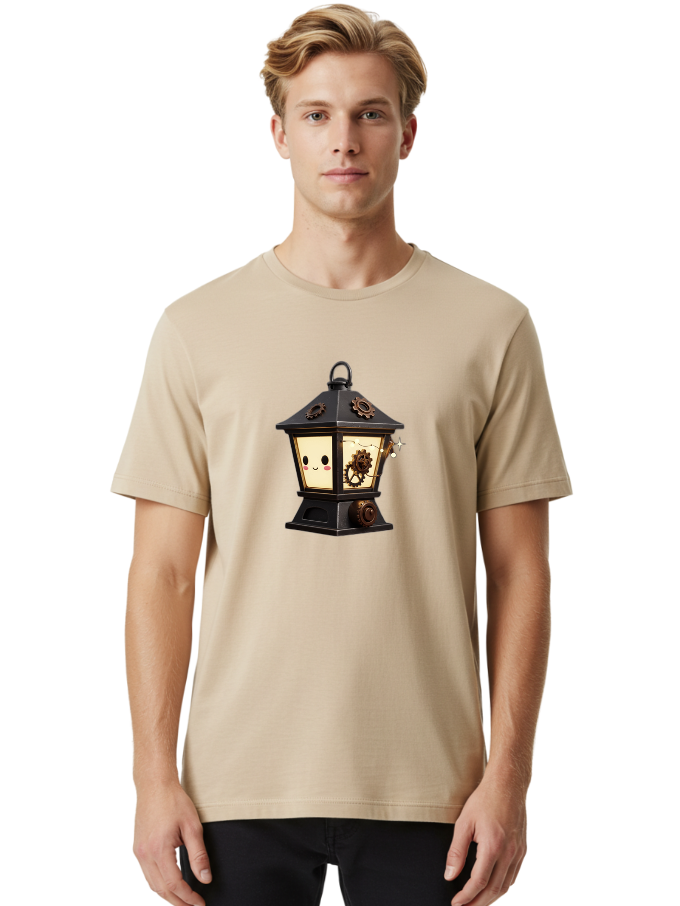 Steampunk-Lantern Men'S Graphic Tee, 100% Cotton, Comfortable Casual Summer Wear, Machine Washable, Steampunk Lantern, Intricate Gears, Whimsical Design, Steampunk Art, Fantasy Lighting, Unique Decor, Imaginative Creation, Mechanical Elements, Bad717