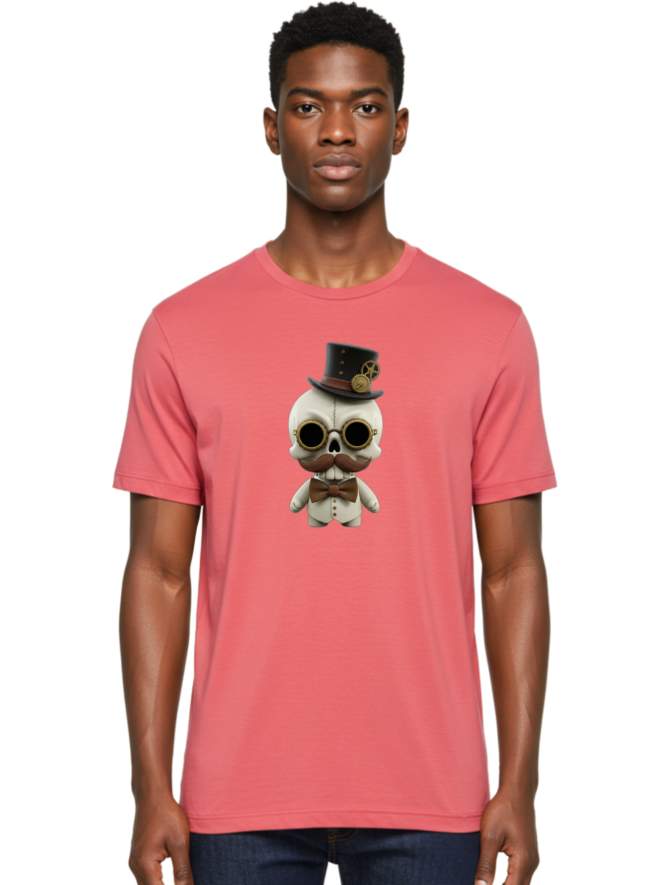 Steampunk-Skeleton Men'S Graphic Tee, 100% Cotton, Comfortable Casual Summer Wear, Machine Washable, Steampunk Skull, Skeleton Character, Vintage Goggles, Top Hat, Bow Tie, Mechanical Gear, Steampunk Style, Gothic Fashion, Unique Accessory, Bad719