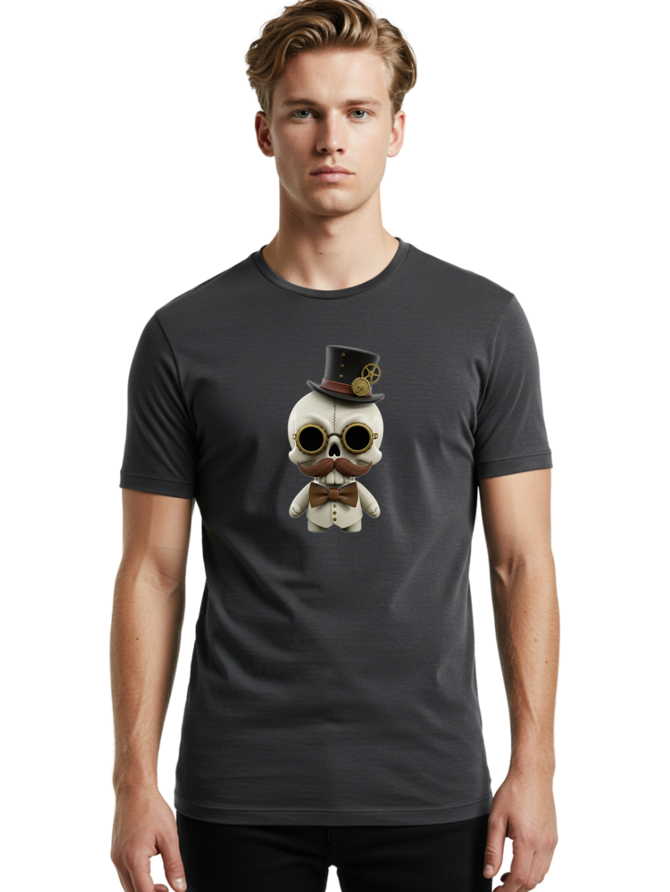 Steampunk-Skeleton Men'S Graphic Tee, 100% Cotton, Comfortable Casual Summer Wear, Machine Washable, Steampunk Skull, Skeleton Character, Vintage Goggles, Top Hat, Bow Tie, Mechanical Gear, Steampunk Style, Gothic Fashion, Unique Accessory, Bad719