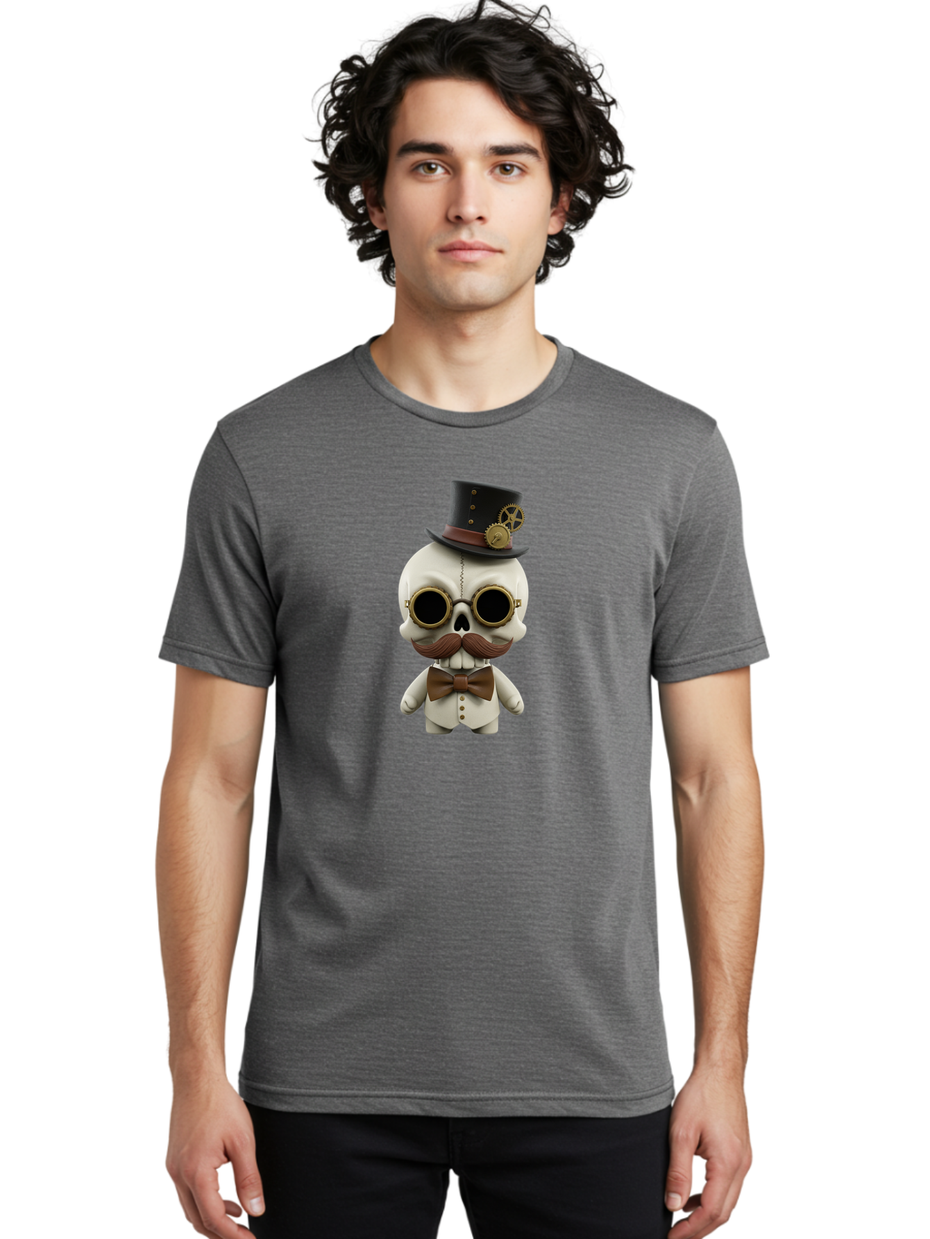 Steampunk-Skeleton Men'S Graphic Tee, 100% Cotton, Comfortable Casual Summer Wear, Machine Washable, Steampunk Skull, Skeleton Character, Vintage Goggles, Top Hat, Bow Tie, Mechanical Gear, Steampunk Style, Gothic Fashion, Unique Accessory, Bad719