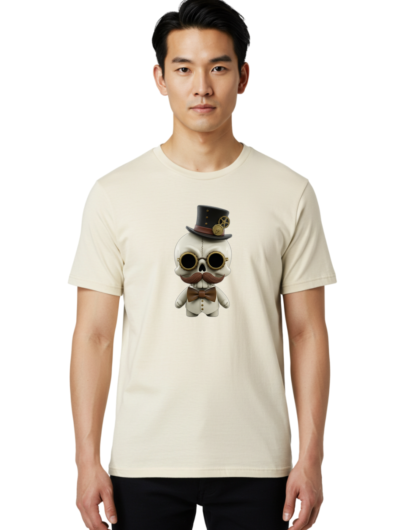 Steampunk-Skeleton Men'S Graphic Tee, 100% Cotton, Comfortable Casual Summer Wear, Machine Washable, Steampunk Skull, Skeleton Character, Vintage Goggles, Top Hat, Bow Tie, Mechanical Gear, Steampunk Style, Gothic Fashion, Unique Accessory, Bad719