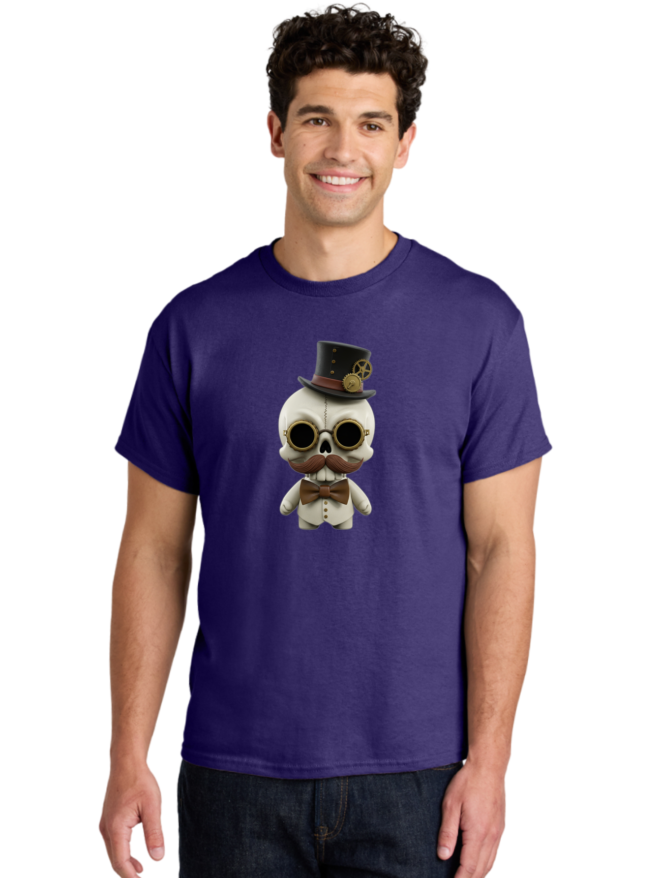 Steampunk-Skeleton Men'S Graphic Tee, 100% Cotton, Comfortable Casual Summer Wear, Machine Washable, Steampunk Skull, Skeleton Character, Vintage Goggles, Top Hat, Bow Tie, Mechanical Gear, Steampunk Style, Gothic Fashion, Unique Accessory, Bad719