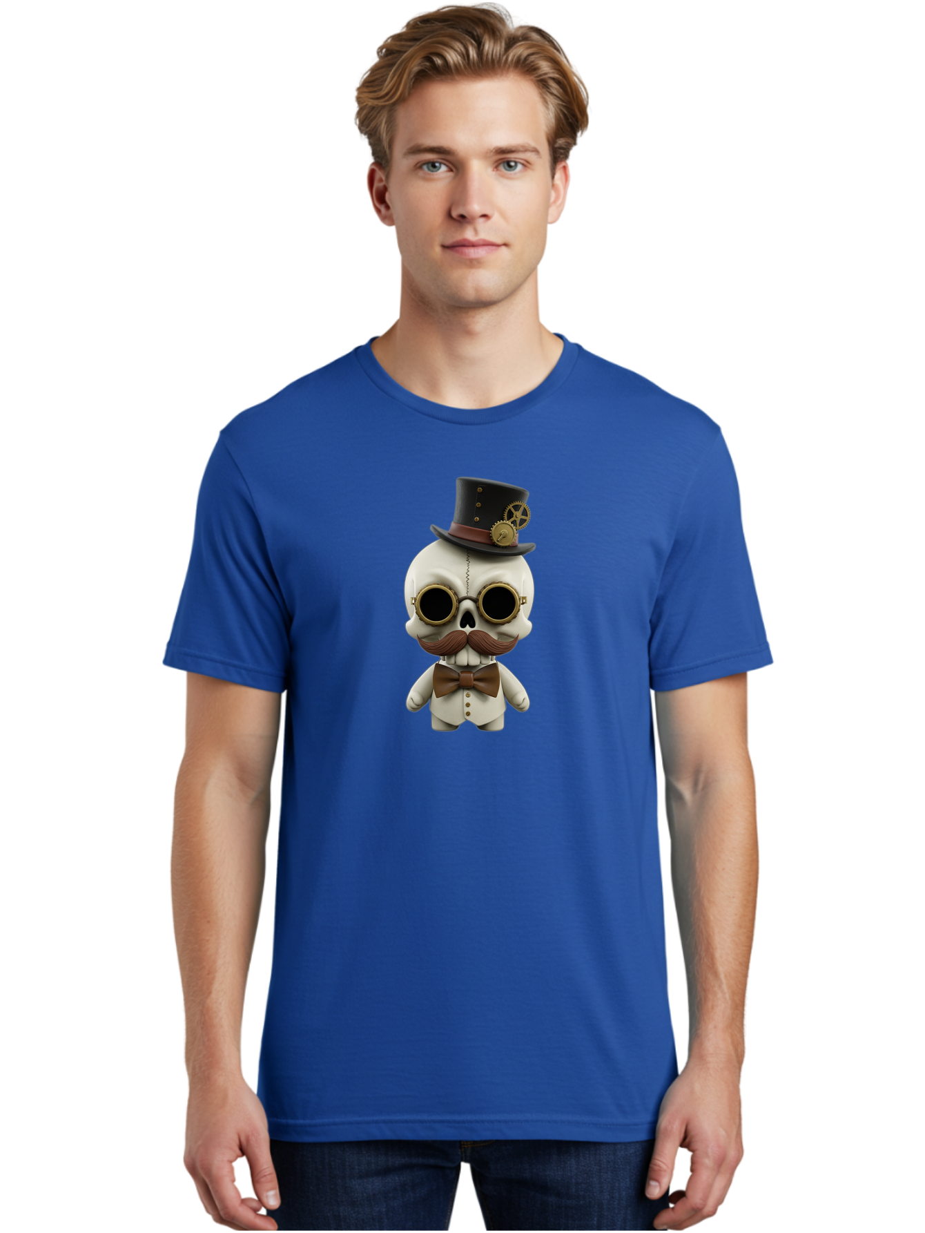 Steampunk-Skeleton Men'S Graphic Tee, 100% Cotton, Comfortable Casual Summer Wear, Machine Washable, Steampunk Skull, Skeleton Character, Vintage Goggles, Top Hat, Bow Tie, Mechanical Gear, Steampunk Style, Gothic Fashion, Unique Accessory, Bad719