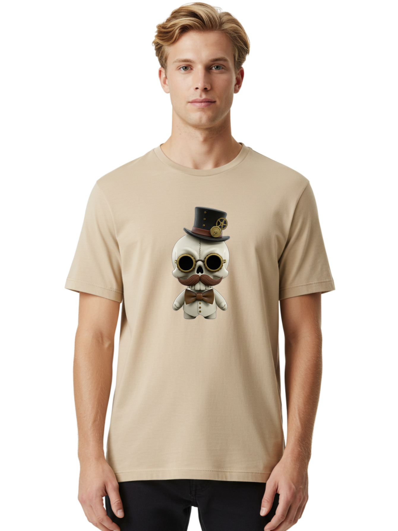 Steampunk-Skeleton Men'S Graphic Tee, 100% Cotton, Comfortable Casual Summer Wear, Machine Washable, Steampunk Skull, Skeleton Character, Vintage Goggles, Top Hat, Bow Tie, Mechanical Gear, Steampunk Style, Gothic Fashion, Unique Accessory, Bad719