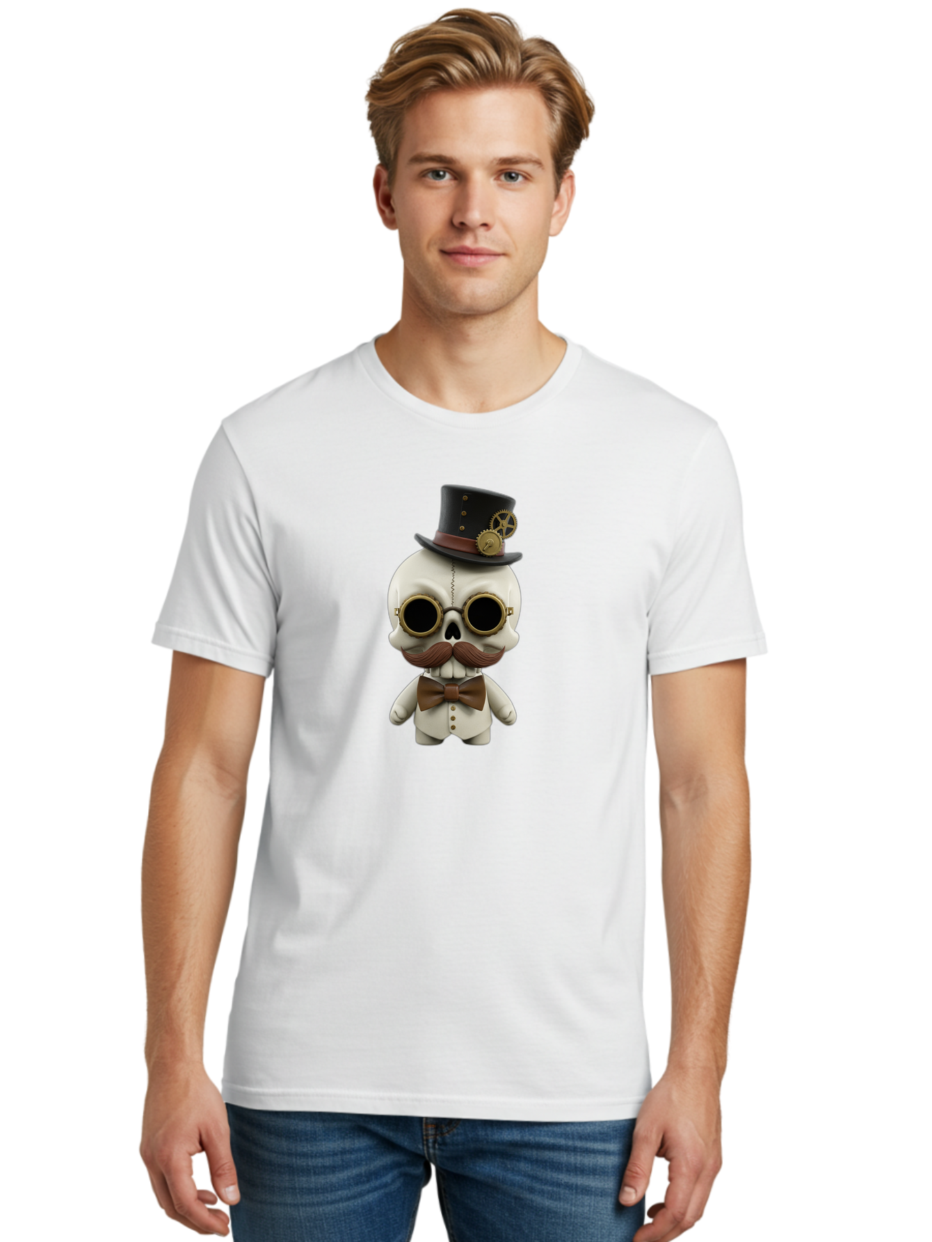 Steampunk-Skeleton Men'S Graphic Tee, 100% Cotton, Comfortable Casual Summer Wear, Machine Washable, Steampunk Skull, Skeleton Character, Vintage Goggles, Top Hat, Bow Tie, Mechanical Gear, Steampunk Style, Gothic Fashion, Unique Accessory, Bad719