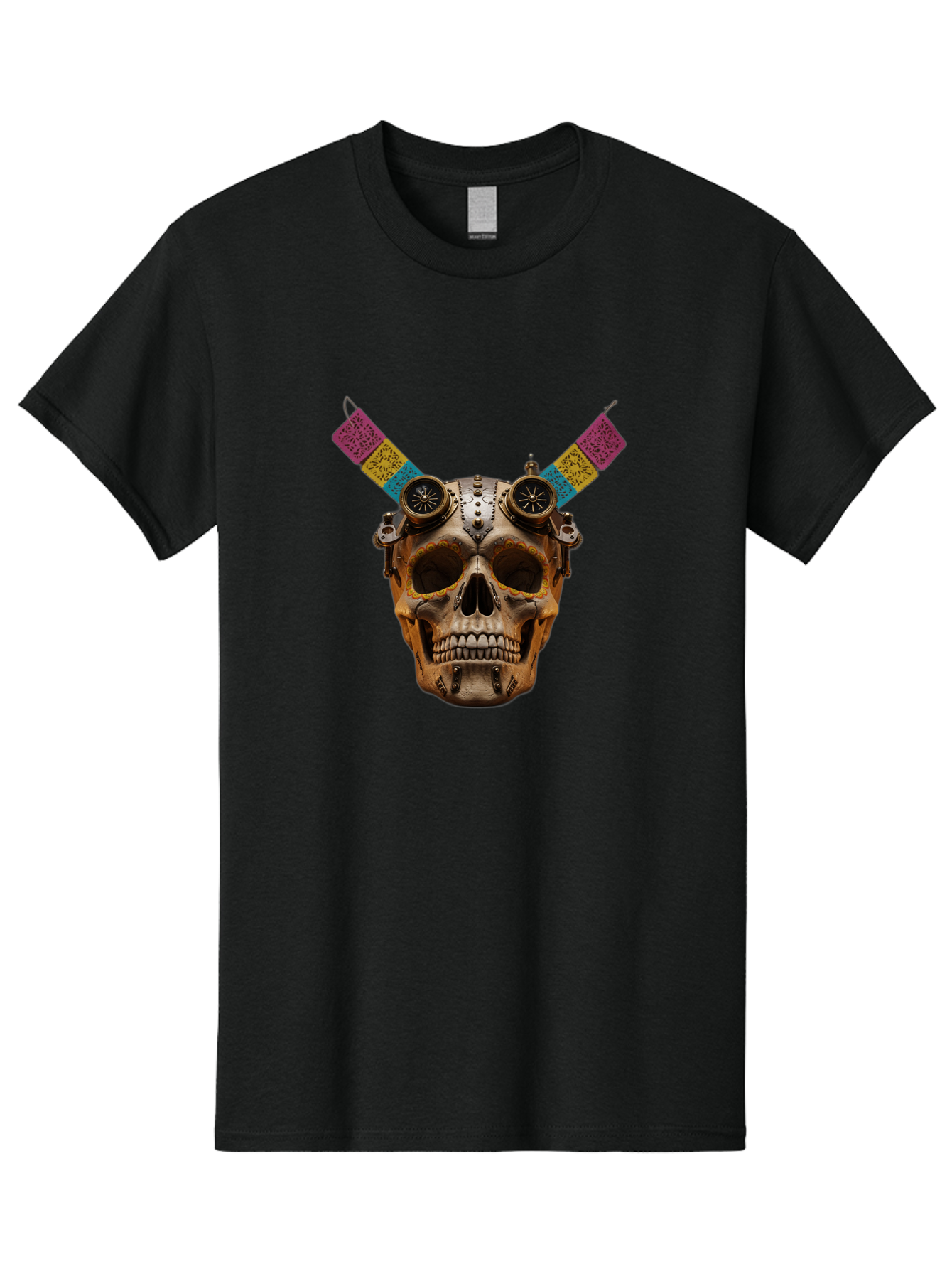 Steampunk-Skull Men'S Graphic Tee, 100% Cotton, Comfortable Casual Summer Wear, Machine Washable, Steampunk Artwork, Skull With Goggles, Mechanical Components, Colorful Banners, Day Of The Dead, Steampunk Fashion, Alternative Art, Bad720