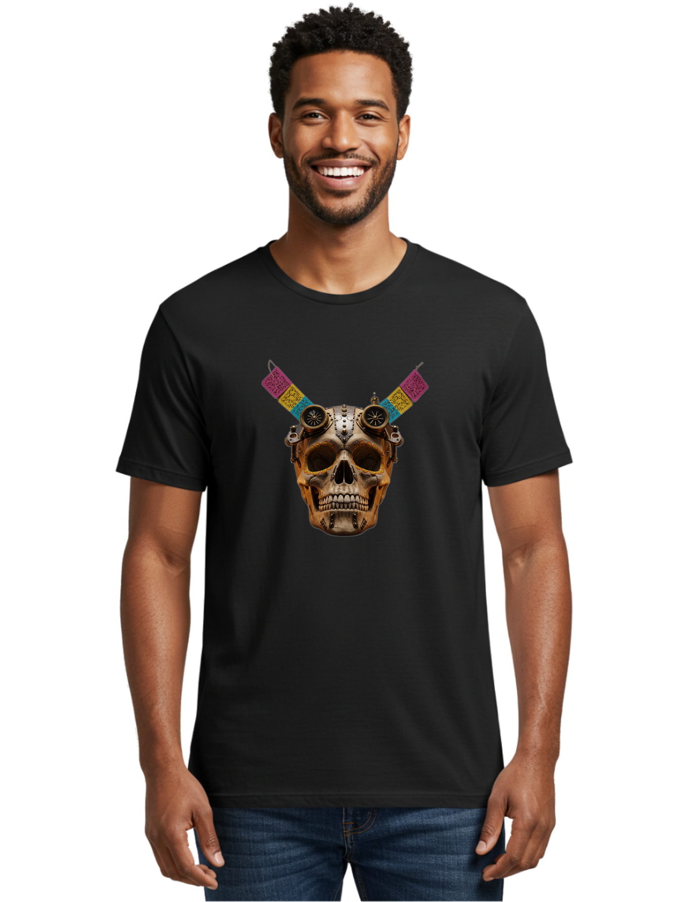 Steampunk-Skull Men'S Graphic Tee, 100% Cotton, Comfortable Casual Summer Wear, Machine Washable, Steampunk Artwork, Skull With Goggles, Mechanical Components, Colorful Banners, Day Of The Dead, Steampunk Fashion, Alternative Art, Bad720