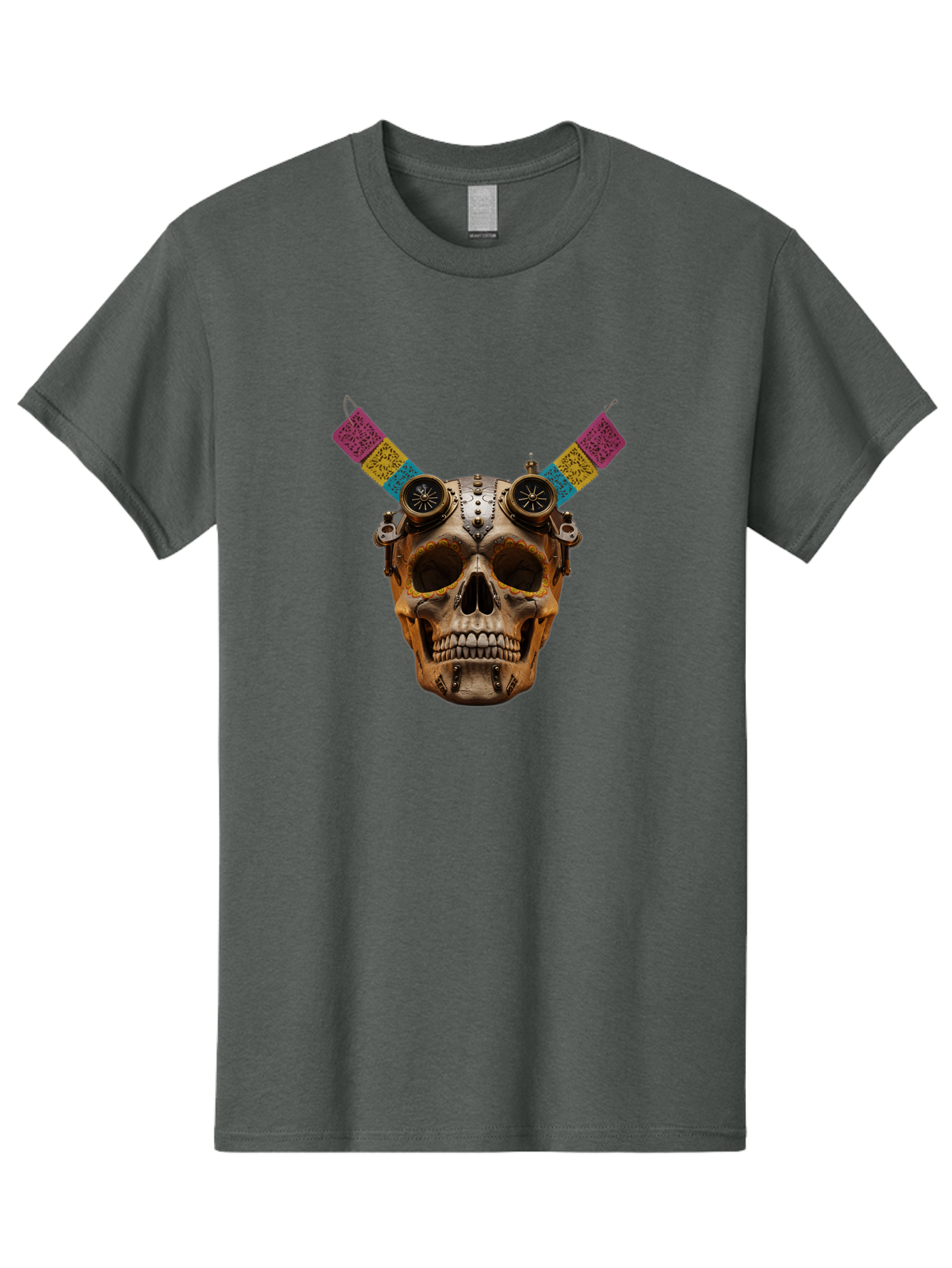 Steampunk-Skull Men'S Graphic Tee, 100% Cotton, Comfortable Casual Summer Wear, Machine Washable, Steampunk Artwork, Skull With Goggles, Mechanical Components, Colorful Banners, Day Of The Dead, Steampunk Fashion, Alternative Art, Bad720