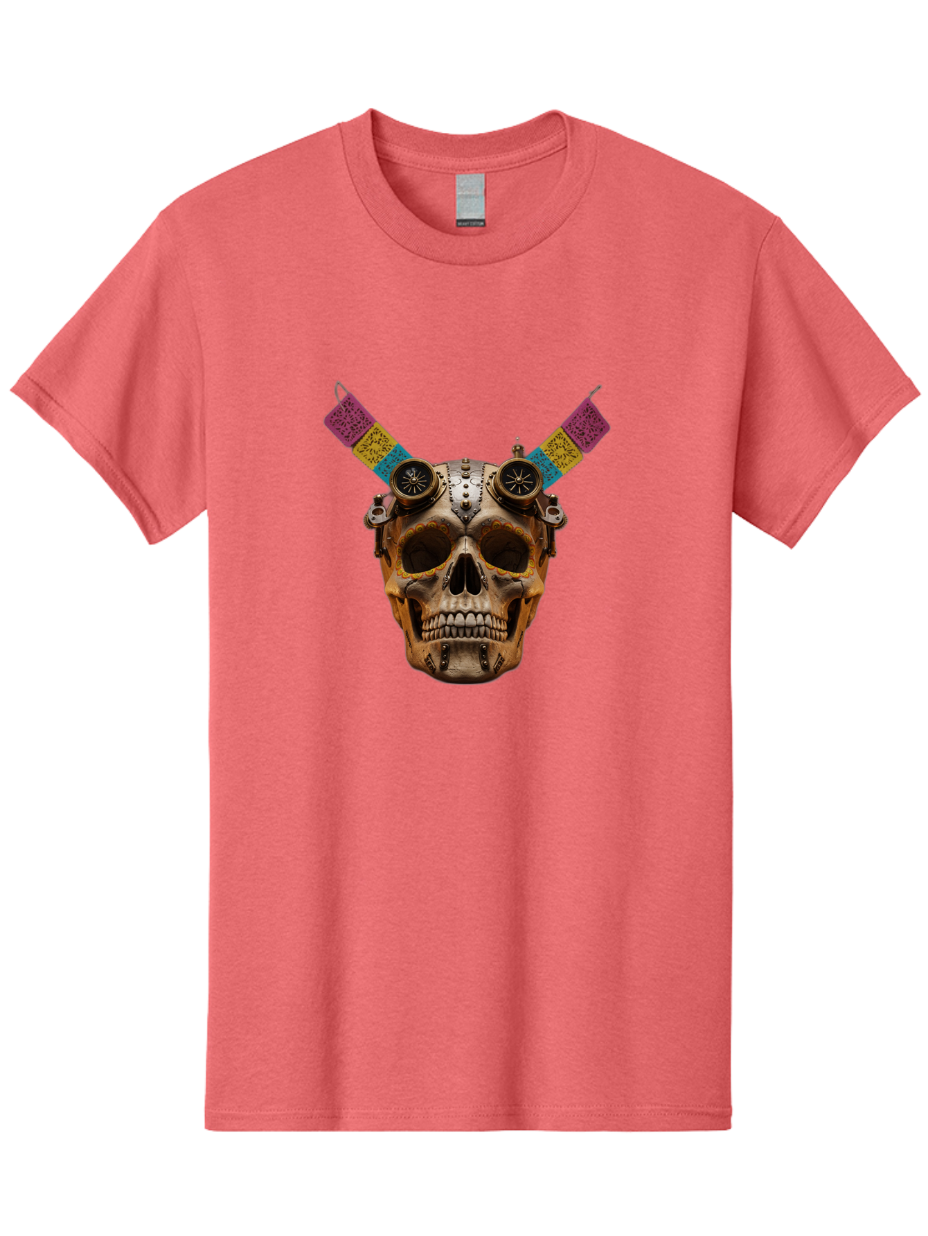 Steampunk-Skull Men'S Graphic Tee, 100% Cotton, Comfortable Casual Summer Wear, Machine Washable, Steampunk Artwork, Skull With Goggles, Mechanical Components, Colorful Banners, Day Of The Dead, Steampunk Fashion, Alternative Art, Bad720