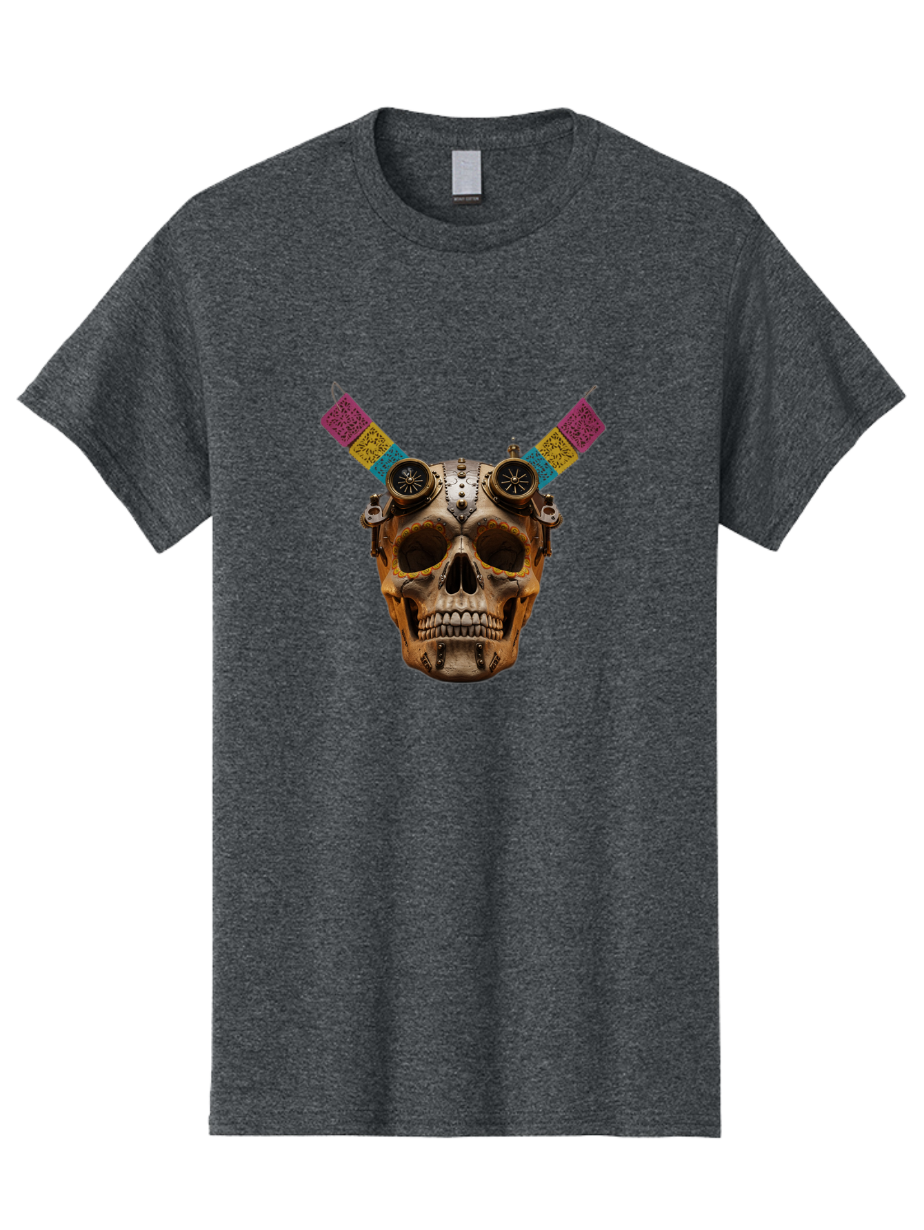 Steampunk-Skull Men'S Graphic Tee, 100% Cotton, Comfortable Casual Summer Wear, Machine Washable, Steampunk Artwork, Skull With Goggles, Mechanical Components, Colorful Banners, Day Of The Dead, Steampunk Fashion, Alternative Art, Bad720