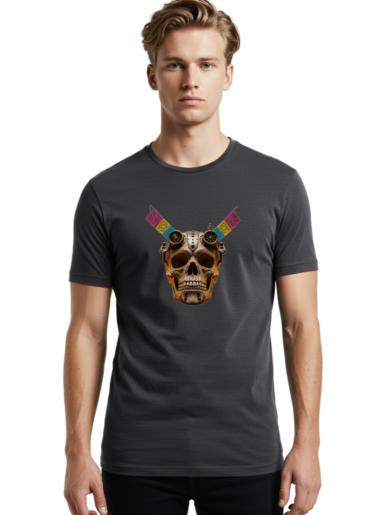 Steampunk-Skull Men'S Graphic Tee, 100% Cotton, Comfortable Casual Summer Wear, Machine Washable, Steampunk Artwork, Skull With Goggles, Mechanical Components, Colorful Banners, Day Of The Dead, Steampunk Fashion, Alternative Art, Bad720