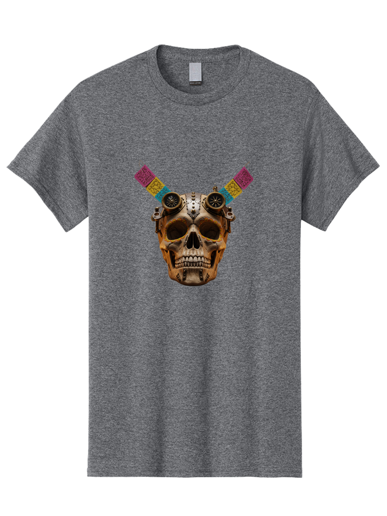 Steampunk-Skull Men'S Graphic Tee, 100% Cotton, Comfortable Casual Summer Wear, Machine Washable, Steampunk Artwork, Skull With Goggles, Mechanical Components, Colorful Banners, Day Of The Dead, Steampunk Fashion, Alternative Art, Bad720
