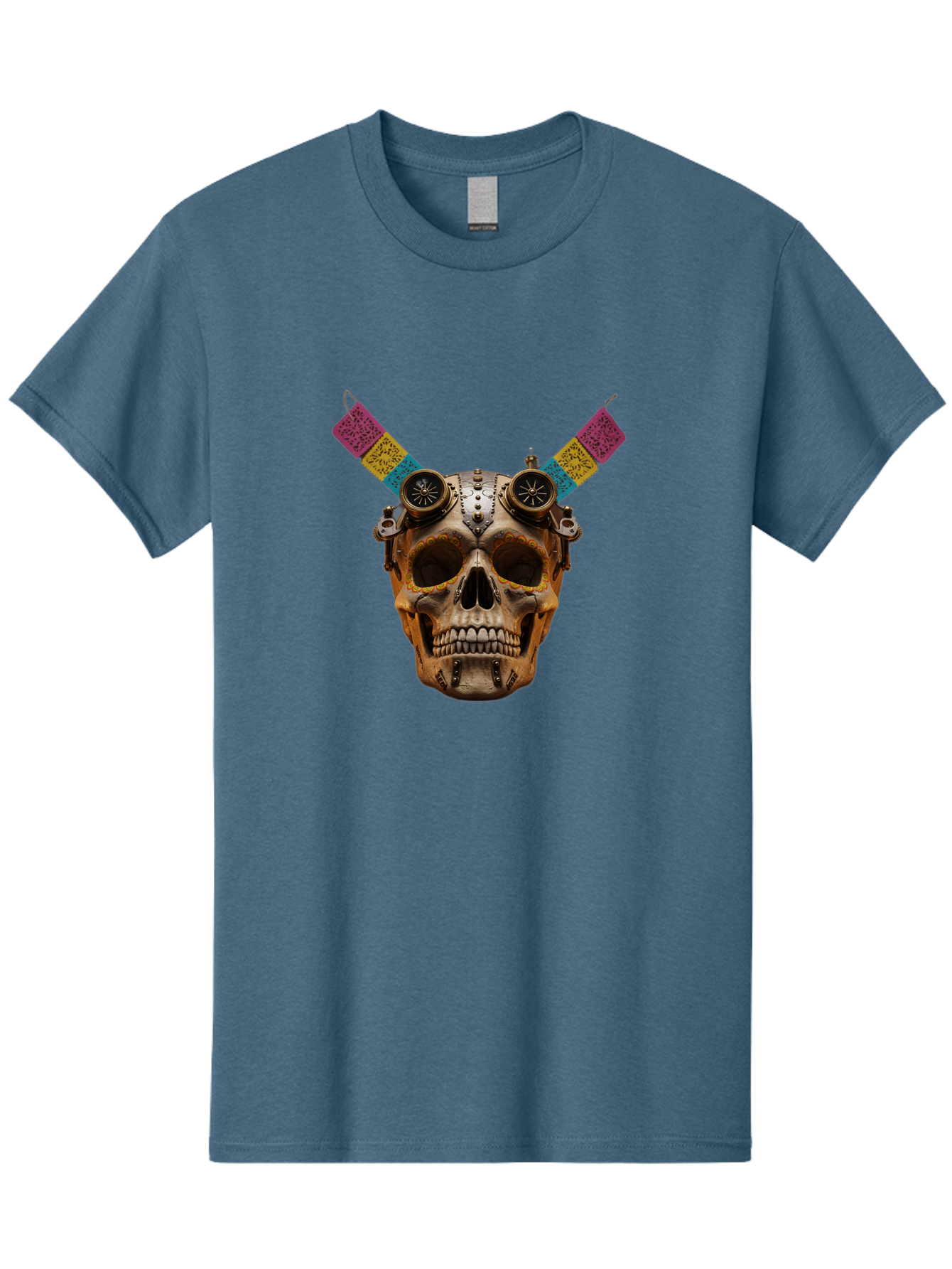 Steampunk-Skull Men'S Graphic Tee, 100% Cotton, Comfortable Casual Summer Wear, Machine Washable, Steampunk Artwork, Skull With Goggles, Mechanical Components, Colorful Banners, Day Of The Dead, Steampunk Fashion, Alternative Art, Bad720