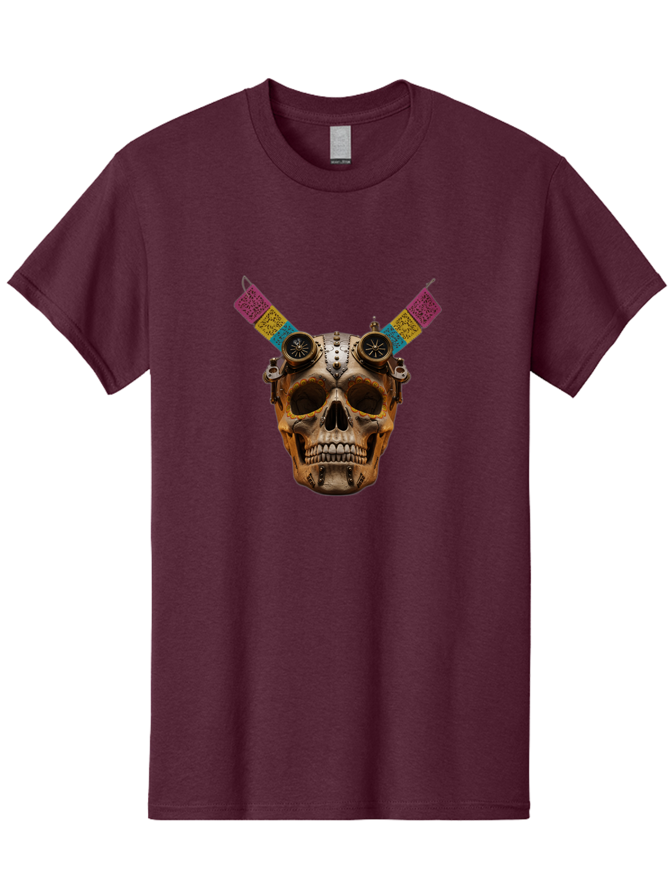 Steampunk-Skull Men'S Graphic Tee, 100% Cotton, Comfortable Casual Summer Wear, Machine Washable, Steampunk Artwork, Skull With Goggles, Mechanical Components, Colorful Banners, Day Of The Dead, Steampunk Fashion, Alternative Art, Bad720