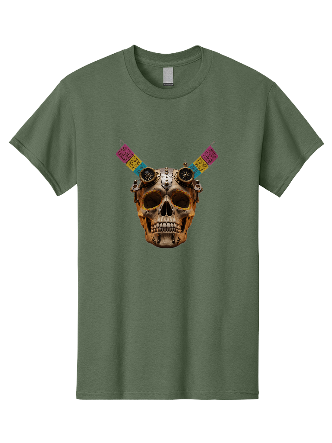 Steampunk-Skull Men'S Graphic Tee, 100% Cotton, Comfortable Casual Summer Wear, Machine Washable, Steampunk Artwork, Skull With Goggles, Mechanical Components, Colorful Banners, Day Of The Dead, Steampunk Fashion, Alternative Art, Bad720