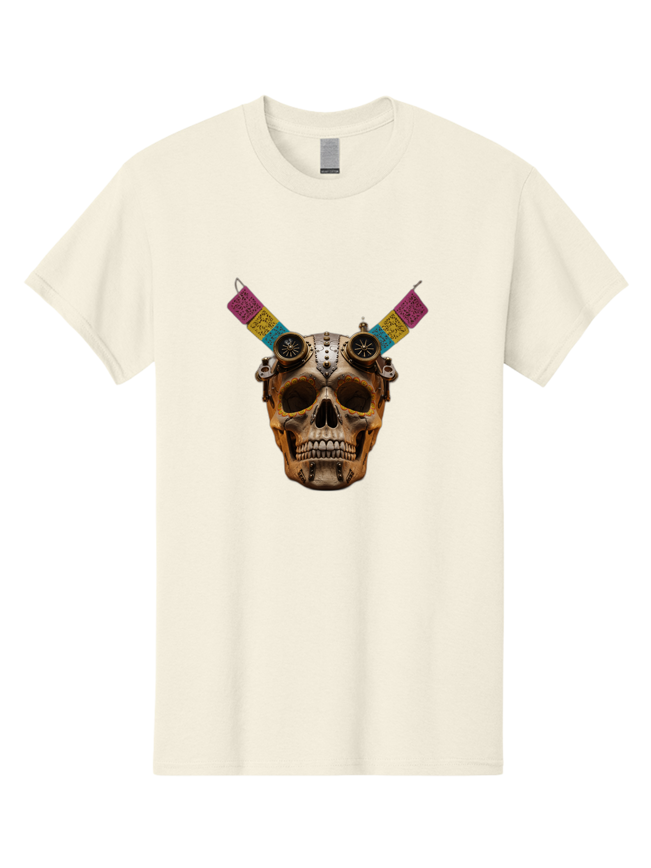 Steampunk-Skull Men'S Graphic Tee, 100% Cotton, Comfortable Casual Summer Wear, Machine Washable, Steampunk Artwork, Skull With Goggles, Mechanical Components, Colorful Banners, Day Of The Dead, Steampunk Fashion, Alternative Art, Bad720