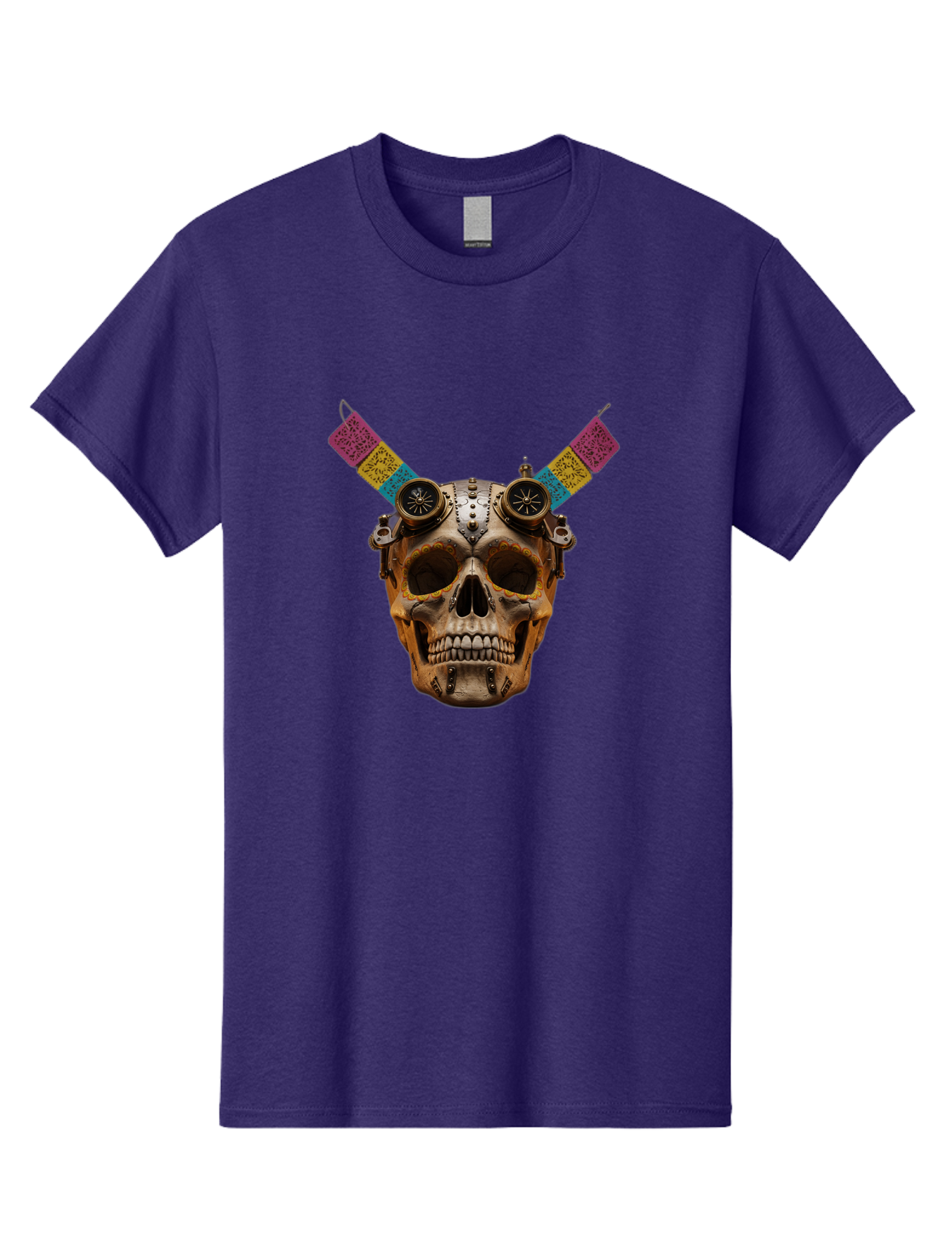 Steampunk-Skull Men'S Graphic Tee, 100% Cotton, Comfortable Casual Summer Wear, Machine Washable, Steampunk Artwork, Skull With Goggles, Mechanical Components, Colorful Banners, Day Of The Dead, Steampunk Fashion, Alternative Art, Bad720