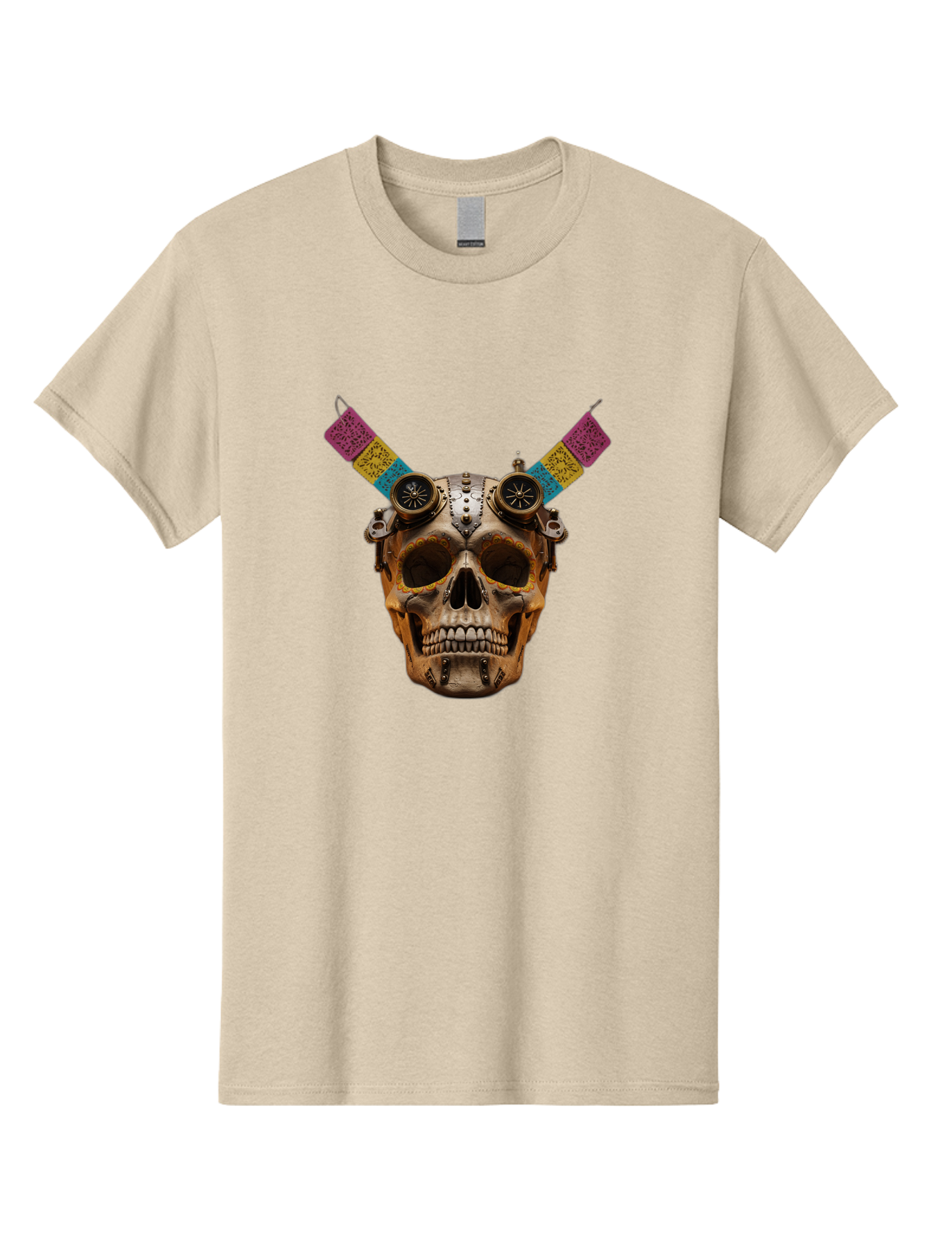 Steampunk-Skull Men'S Graphic Tee, 100% Cotton, Comfortable Casual Summer Wear, Machine Washable, Steampunk Artwork, Skull With Goggles, Mechanical Components, Colorful Banners, Day Of The Dead, Steampunk Fashion, Alternative Art, Bad720