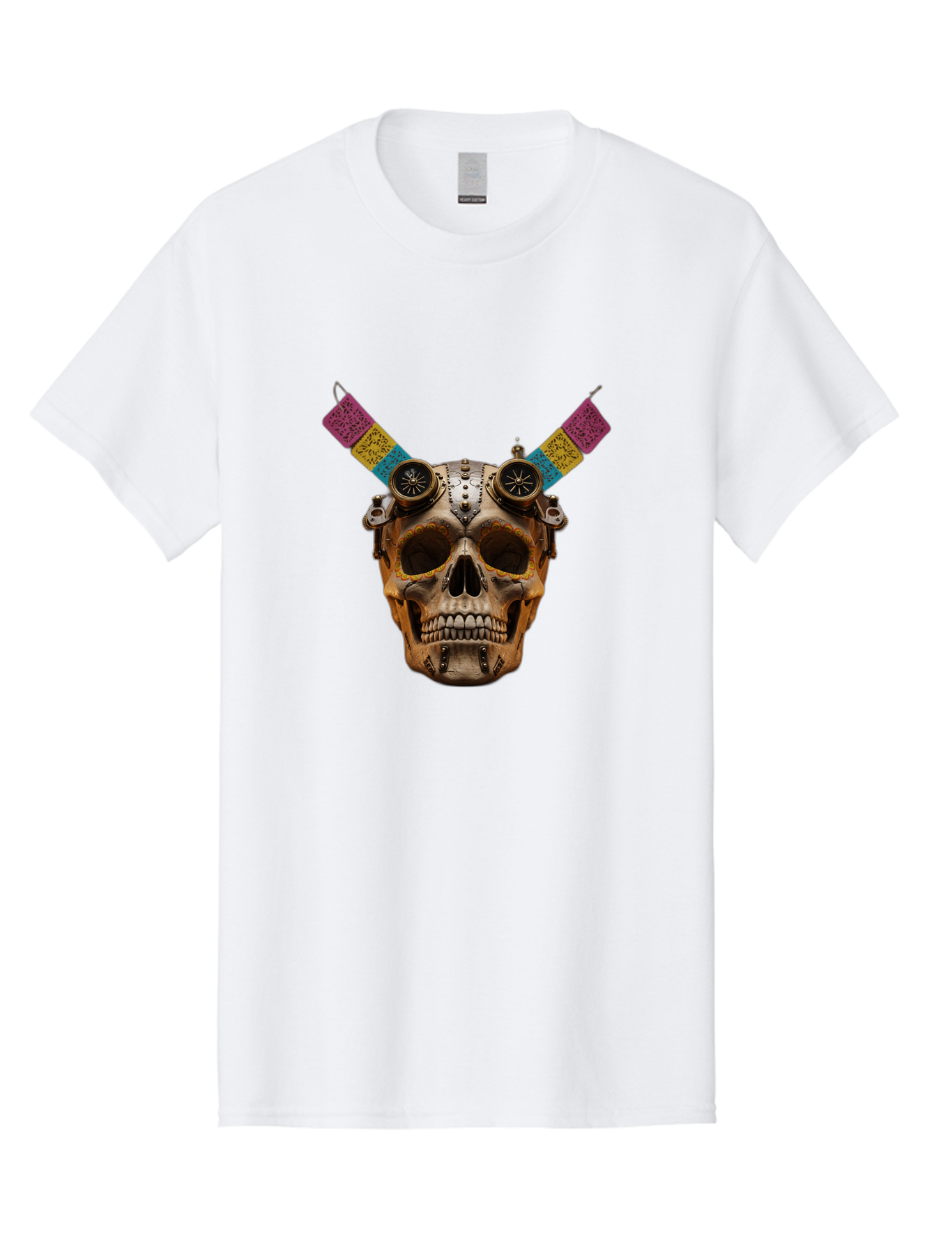 Steampunk-Skull Men'S Graphic Tee, 100% Cotton, Comfortable Casual Summer Wear, Machine Washable, Steampunk Artwork, Skull With Goggles, Mechanical Components, Colorful Banners, Day Of The Dead, Steampunk Fashion, Alternative Art, Bad720
