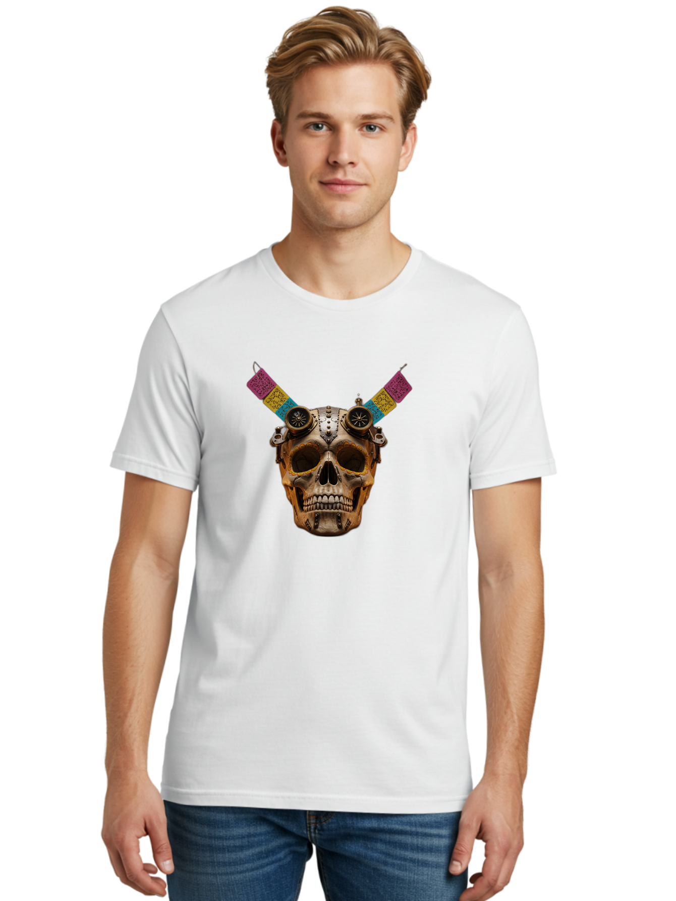 Steampunk-Skull Men'S Graphic Tee, 100% Cotton, Comfortable Casual Summer Wear, Machine Washable, Steampunk Artwork, Skull With Goggles, Mechanical Components, Colorful Banners, Day Of The Dead, Steampunk Fashion, Alternative Art, Bad720