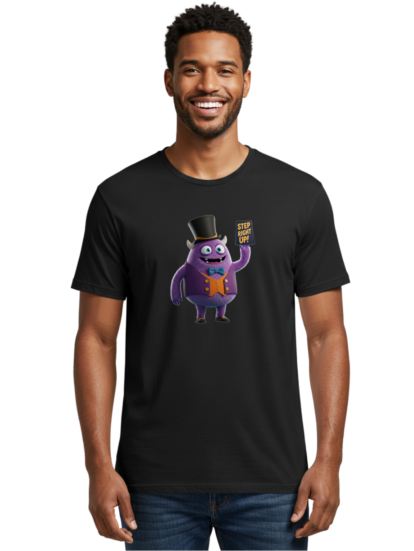 Step-Right-Up-2 Men'S Graphic Tee, 100% Cotton, Comfortable Casual Summer Wear, Machine Washable, Cartoon Monster, Purple Creature, Top Hat, Orange Waistcoat, Blue Bow Tie, Playful Character, Eye-Catching Graphics, Vibrant Colors, Bad722