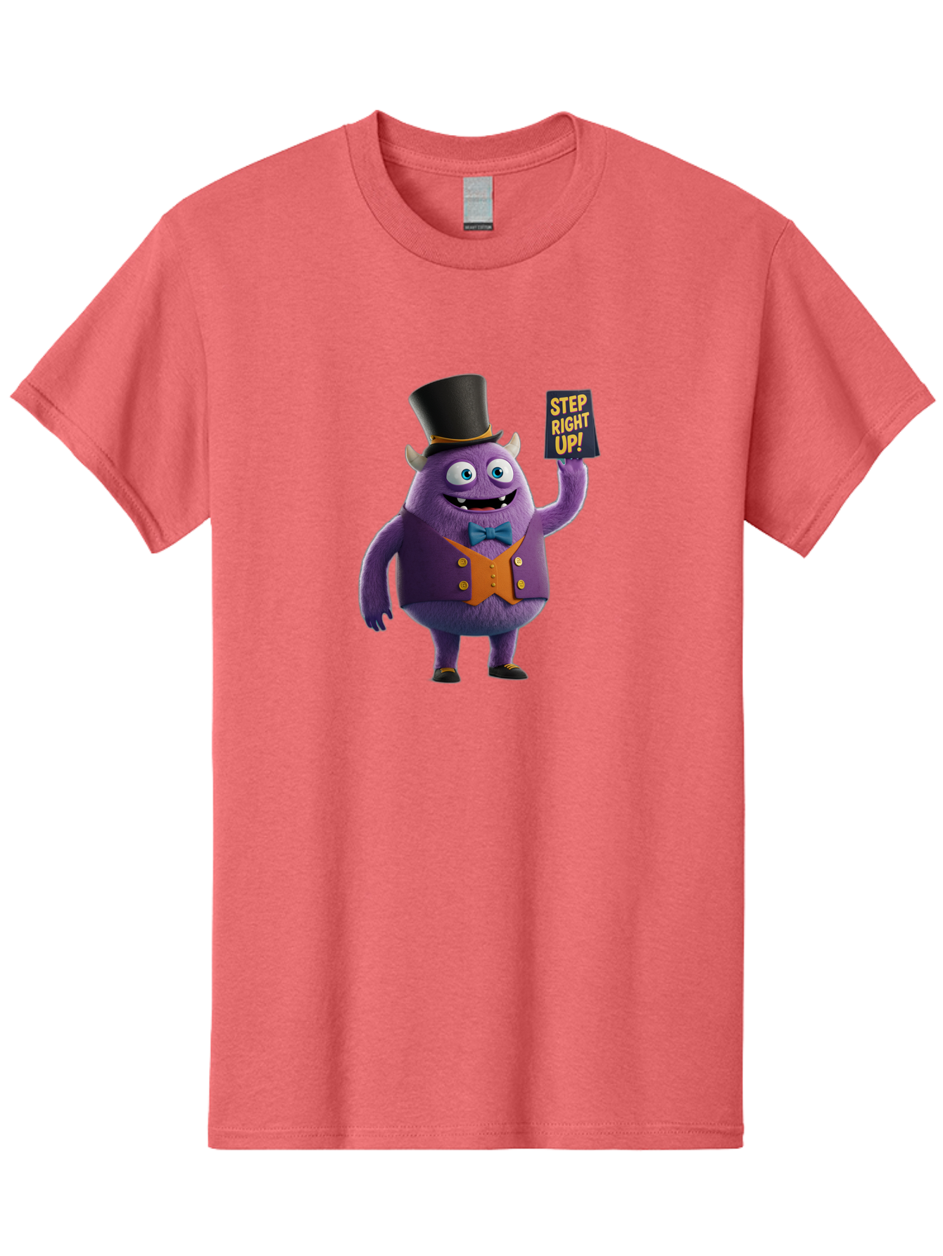 Step-Right-Up-2 Men'S Graphic Tee, 100% Cotton, Comfortable Casual Summer Wear, Machine Washable, Cartoon Monster, Purple Creature, Top Hat, Orange Waistcoat, Blue Bow Tie, Playful Character, Eye-Catching Graphics, Vibrant Colors, Bad722