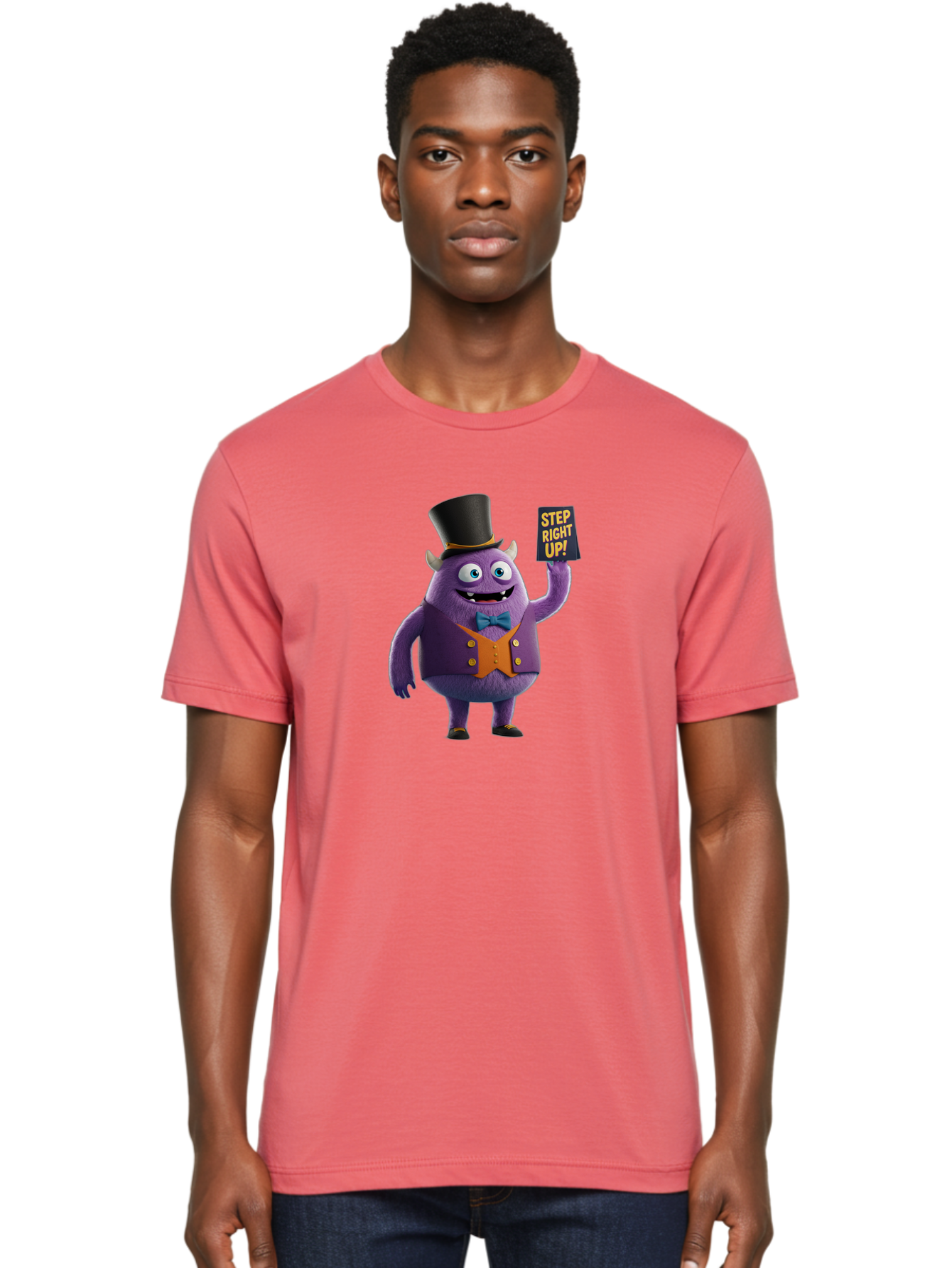 Step-Right-Up-2 Men'S Graphic Tee, 100% Cotton, Comfortable Casual Summer Wear, Machine Washable, Cartoon Monster, Purple Creature, Top Hat, Orange Waistcoat, Blue Bow Tie, Playful Character, Eye-Catching Graphics, Vibrant Colors, Bad722