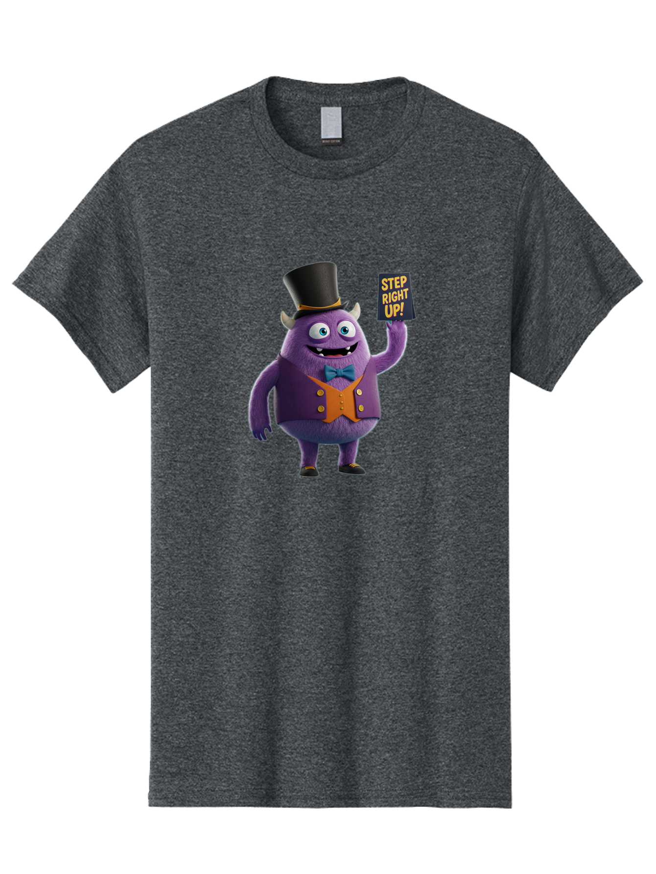 Step-Right-Up-2 Men'S Graphic Tee, 100% Cotton, Comfortable Casual Summer Wear, Machine Washable, Cartoon Monster, Purple Creature, Top Hat, Orange Waistcoat, Blue Bow Tie, Playful Character, Eye-Catching Graphics, Vibrant Colors, Bad722