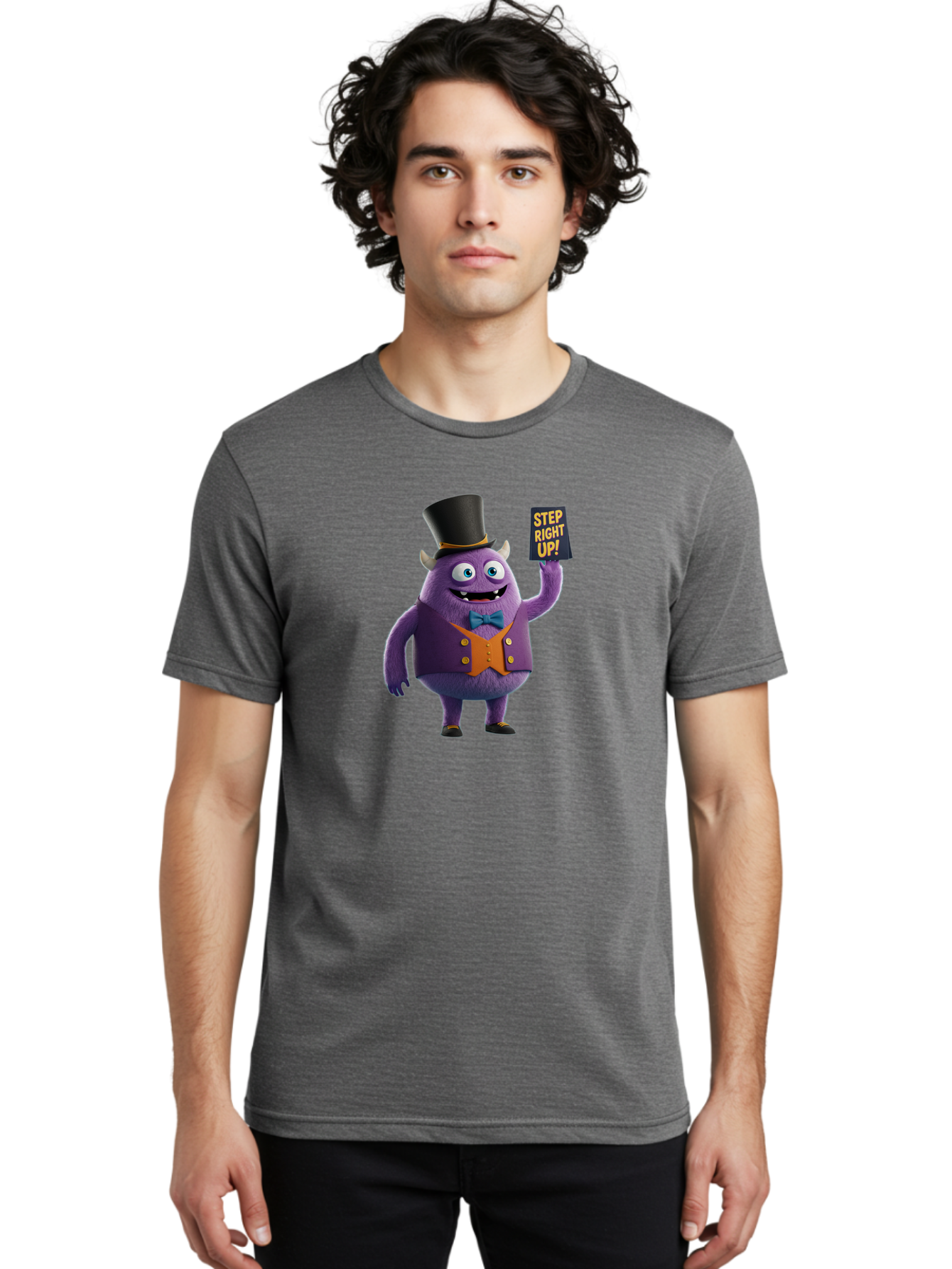 Step-Right-Up-2 Men'S Graphic Tee, 100% Cotton, Comfortable Casual Summer Wear, Machine Washable, Cartoon Monster, Purple Creature, Top Hat, Orange Waistcoat, Blue Bow Tie, Playful Character, Eye-Catching Graphics, Vibrant Colors, Bad722